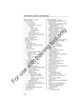 INTERNATIONAL CLASSIFICATION OF DISEASES

to
o

lo
nl
y

Disease, diseased––continued
– lymphatic (channel) (gland) (system)
(vessel) I89.9
– lymphoproliferative (M9970/0) D47.9
– – T-gamma (M9768/1) D47.7
– – X-linked D82.3
– malarial (see also Malaria) B54
– malignant (M8000/3) – see also
Neoplasm, malignant
– – previous, affecting management of
pregnancy Z35.8
– maple-syrup-urine E71.0
– Marburg (virus) A98.3
– mastoid (process) H74.9
– – specified NEC H74.8
– maternal, unrelated to pregnancy NEC,
affecting fetus or newborn P00.9
– mediastinum J98.5
– Mediterranean D56.9
– meningeal – see Meningitis
– meningococcal NEC A39.9
– mental F99
– – organic F06.9
– metabolic, metabolism E88.9
– – bilirubin E80.7
– metal-polisher's J62.8
– metastatic (M8000/6) – see Metastasis
– middle ear H74.9
– – adhesive H74.1
– – specified NEC H74.8
– minicore G71.2
– mitral (valve) (rheumatic) I05.9
– – nonrheumatic I34.9
– mixed connective tissue M35.1
– moldy hay J67.0
– motor neuron (bulbar) (familial) (mixed
type) (spinal) G12.2
– moyamoya I67.5
– multicore G71.2
– muscle M62.9
– – inflammatory M60.9
– – ocular (external) H50.9
– musculoskeletal system, soft tissue
M79.9
– – specified NEC M79.8
– mycotic B49
– myeloproliferative (chronic) (M9960/1)
D47.1
– myocardium, myocardial (see also
Degeneration, myocardial) I51.5
– – primary (idiopathic) I42.9
– myoneural G70.9
– nails L60.9
– – specified NEC L60.8

Fo

ru

se

w

ith

tra

in

in

g

Disease, diseased––continued
– liver––continued
– – toxic––continued
– – – with––continued
– – – – hepatitis NEC––continued
– – – – – chronic
– – – – – – active K71.5
– – – – – – lobular K71.4
– – – – – – persistent K71.3
– – – – – lupoid K71.5
– – – – peliosis hepatis K71.8
– – – – veno-occlusive disease (VOD) of
liver K71.8
– – veno-occlusive K76.5
– luetic – see Syphilis
– lumbosacral region M53.8
– lung J98.4
– – cystic J98.4
– – – congenital Q33.0
– – fibroid (chronic) (see also Fibrosis,
lung) J84.1
– – fluke B66.4
– – – oriental B66.4
– – in
– – – amyloidosis E85.4† J99.8"
– – – sarcoidosis D86.0
– – – Sjögren's syndrome M35.0† J99.1"
– – – systemic
– – – – lupus erythematosus M32.1†
J99.1"
– – – – sclerosis M34.8† J99.1"
– – interstitial J84.9
– – – specified NEC J84.8
– – obstructive (chronic) J44.9
– – – with
– – – – exacerbation J44.1
– – – – lower respiratory infection (except
influenza) J44.0
– – – – alveolitis, allergic J67.– – – – asthma J44.– – – – bronchitis J44.8
– – – – – emphysematous J44.8
– – – – – – with acute exacerbation
J44.1
– – – – – – with acute lower respiratory
infection J44.0
– – – – emphysema J44.– – – – exacerbation (acute) J44.1
– – – – hypersensitivity pneumonitis J67.– – polycystic J98.4
– – – congenital Q33.0
– – rheumatoid (diffuse) (interstitial)
M05.1† J99.0"
– Lyme A69.2

212

 