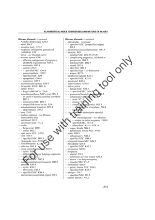 ALPHABETICAL INDEX TO DISEASES AND NATURE OF INJURY

tra

in

in

g

to
o

lo
nl
y

Disease, diseased––continued
– panvalvular––continued
– – specified NEC (unspecified origin)
I08.8
– parametrium (noninflammatory) N83.9
– parasitic B89
– – cerebral NEC B71.9† G94.8"
– – complicating pregnancy, childbirth or
puerperium O98.9
– – intestinal NEC B82.9
– – mouth B37.0
– – skin NEC B88.9
– – specified type – see Infestation
– – tongue B37.0
– parathyroid (gland) E21.5
– – specified NEC E21.4
– parodontal K05.6
– pearl-worker's M86.8
– pelvis, pelvic
– – female NEC N94.9
– – – specified NEC N94.8
– – gonococcal (acute) (chronic) A54.2
– – inflammatory (female) N73.9
– – – acute N73.0
– – – chronic N73.1
– – – complicating pregnancy O23.5
– – – – affecting fetus or newborn P00.8
– – – following
– – – – abortion (subsequent episode)
O08.0
– – – – – current episode – see Abortion
– – – – ectopic or molar pregnancy O08.0
– – – specified NEC N73.8
– – – tuberculous A18.1† N74.1"
– – organ, female N94.9
– – peritoneum, female NEC N94.8
– penis N48.9
– – inflammatory N48.2
– – specified NEC N48.8
– periapical tissues NEC K04.9
– periodontal K05.6
– – specified NEC K05.5
– periosteum M89.8
– peripheral
– – arterial I73.9
– – autonomic nervous system G90.9
– – nerves – see Polyneuropathy
– – vascular NEC I73.9
– peritoneum K66.9
– – pelvic, female NEC N94.8
– – specified NEC K66.8
– pharynx J39.2
– – specified NEC J39.2
– pigeon fancier's J67.2

Fo

ru

se

w

ith

Disease, diseased––continued
– Nairobi (sheep virus) A93.8
– nasal J34.8
– nemaline body G71.2
– neoplastic (malignant), generalized
(M8000/6) C80
– nerve – see Disorder, nerve
– nervous system G98
– – affecting management of pregnancy,
childbirth or puerperium O99.3
– – autonomic G90.9
– – central G96.9
– – – specified NEC G96.8
– – parasympathetic G90.9
– – specified NEC G98
– – sympathetic G90.9
– – vegetative G90.9
– neuromuscular system G70.9
– Newcastle B30.8† H13.1"
– nipple N64.9
– – Paget's (M8540/3) C50.0
– nonarthropod-borne NEC (viral) B34.9
– – as cause of disease classified elsewhere
B97.1
– – enterovirus NEC B34.1
– – unspecified nature or site B34.1
– nonautoimmune hemolytic D59.4
– – drug-induced D59.2
– nose J34.8
– nucleus pulposus – see Disease,
intervertebral disk
– nutritional E63.9
– oast-house-urine E72.1
– ocular
– – herpesviral B00.5
– – zoster B02.3
– optic nerve NEC H47.0
– orbit H05.9
– – specified NEC H05.8
– Oropouche virus A93.0
– osteofibrocystic E21.0
– outer ear H61.9
– ovary (noninflammatory) N83.9
– – cystic N83.2
– – inflammatory – see Salpingo-oophoritis
– – polycystic E28.2
– – specified NEC N83.8
– ovum (complicating pregnancy) O02.0
– pancreas K86.9
– – cystic K86.2
– – fibrocystic E84.9
– – specified NEC K86.8
– panvalvular (unspecified origin) I08.9

213

 