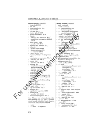 INTERNATIONAL CLASSIFICATION OF DISEASES

to
o

lo
nl
y

Disease, diseased––continued
– renal––continued
– – with––continued
– – – glomerular lesion – see
Glomerulonephritis
– – – – with edema – see Nephrosis
– – – interstitial nephritis N12
– – acute – see Nephritis, acute
– – chronic – see Nephritis, chronic
– – complicating pregnancy O26.8
– – – with hypertension (pre-existing)
O10.2
– – – – secondary O10.4
– – – affecting fetus or newborn P00.1
– – cystic, congenital Q61.9
– – end-stage (failure) N18.0
– – fibrocystic (congenital) Q61.8
– – hypertensive (see also Hypertension,
kidney) I12.9
– – rapidly progressive N01.– – tubular (see also Nephritis, tubulointerstitial) N12
– renovascular (arteriosclerotic) (see also
Hypertension, kidney) I12.9
– respiratory (tract) J98.9
– – acute or subacute NEC
– – – due to
– – – – chemicals, gases, fumes or vapors
(inhalation) J68.3
– – – – external agent J70.9
– – – – – specified NEC J70.8
– – – – radiation J70.0
– – chronic NEC J98.9
– – – due to
– – – – chemicals, gases, fumes or vapors
J68.4
– – – – external agent J70.9
– – – – – specified NEC J70.8
– – – – radiation J70.1
– – – fetus or newborn P27.9
– – – – specified NEC P27.8
– – due to
– – – chemicals, gases, fumes or vapors
J68.9
– – – – acute or subacute NEC J68.3
– – – – chronic J68.4
– – – external agent J70.9
– – – – specified NEC J70.8
– – newborn P28.9
– – – specified type NEC P28.8
– – upper J39.9
– – – acute or subacute J06.9
– – – – multiple sites NEC J06.8
– – – noninfectious NEC J39.8

Fo

ru

se

w

ith

tra

in

in

g

Disease, diseased––continued
– pineal gland E34.8
– pink T56.1
– pinna (noninfective) H61.1
– pinworm B80
– Piry virus A93.8
– pituitary (gland) E23.7
– pituitary-snuff-taker's J67.8
– placenta
– – affecting fetus or newborn P02.2
– – complicating pregnancy or childbirth
O43.9
– pleura (cavity) J94.9
– – specified NEC J94.8
– pneumatic drill (hammer) T75.2
– polycystic
– – liver or hepatic Q44.6
– – lung or pulmonary J98.4
– – – congenital Q33.0
– – ovary, ovaries E28.2
– pregnancy NEC (see also Pregnancy)
O26.9
– prion, central nervous system A81.9
– – specified NEC A81.8
– prostate N42.9
– – specified NEC N42.8
– protozoal B64
– – complicating pregnancy, childbirth or
puerperium O98.6
– – intestine, intestinal A07.9
– – specified NEC B60.8
– pseudo-Hurler's E77.0
– psychiatric F99
– psychotic (see also Psychosis) F29
– puerperal NEC (see also Puerperal)
O90.9
– pulmonary – see also Disease, lung
– – artery I28.9
– – heart I27.9
– – – specified NEC I27.8
– – valve I37.9
– pulp (dental) NEC K04.9
– pulseless M31.4
– ragpicker's or ragsorter's A22.1
– rectum K62.9
– – specified NEC K62.8
– renal (functional) (pelvis) N28.9

Note: Where a term is indexed only at the
three-character level, e.g. N01.-, reference
should be made to the list of fourth-character
subdivisions in Volume 1 at N00-N08.
– – with
– – – edema – see Nephrosis

214

 