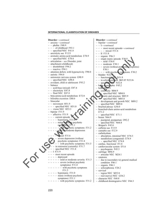INTERNATIONAL CLASSIFICATION OF DISEASES

to
o

lo
nl
y

Disorder––continued
– bipolar––continued
– – I––continued
– – – most recent episode––continued
– – – – mixed F31.6
– – II F31.8
– – organic F06.3
– – single manic episode F30.9
– – – mild F30.0
– – – moderate F30.1
– – – severe (without psychotic symptoms)
F30.1
– – – – with psychotic symptoms F30.2
– bladder N32.9
– – functional NEC N31.9
– – in schistosomiasis B65.0† N33.8"
– – specified NEC N32.8
– body dysmorphic F45.2
– bone M89.9
– – continuity M84.9
– – – specified NEC M84.8
– – density and structure M85.9
– – – specified NEC M85.8
– – development and growth NEC M89.2
– – specified NEC M89.8
– brachial plexus G54.0
– branched-chain amino-acid metabolism
E71.2
– – specified NEC E71.1
– breast N64.9
– – puerperal, postpartum O92.2
– – specified NEC N64.8
– Briquet's F45.0
– caffeine use F15.9
– cannabis use F12.9
– carbohydrate
– – absorption, intestinal NEC E74.3
– – metabolism (congenital) E74.9
– – – specified NEC E74.8
– cardiac, functional I51.8
– cardiovascular system I51.6
– – psychogenic F45.3
– cartilage M94.9
– – articular NEC M24.1
– catatonic
– – due to (secondary to) general medical
condition F06.1
– – organic F06.1
– – schizophrenia F20.2
– cervical
– – region NEC M53.8
– – root (nerve) NEC G54.2
– character NEC F68.8
– childhood disintegrative NEC F84.3

Fo

ru

se

w

ith

tra

in

in

g

Disorder––continued
– anxiety––continued
– – phobic F40.9
– – – of childhood F93.1
– – specified NEC F41.8
– anxiolytic use F13.9
– aromatic amino-acid metabolism E70.9
– – specified NEC E70.8
– articulation – see Disorder, joint
– attachment (childhood)
– – disinhibited F94.2
– – reactive F94.1
– attention deficit, with hyperactivity F90.0
– autistic F84.0
– autonomic nervous system G90.9
– – specified NEC G90.8
– avoidant, child or adolescent F93.2
– balance
– – acid-base (mixed) E87.4
– – electrolyte E87.8
– – fluid NEC E87.8
– beta-amino-acid metabolism E72.8
– bilirubin excretion E80.6
– binocular
– – movement H51.9
– – – specified NEC H51.8
– – vision NEC H53.3
– bipolar F31.9
– – affective F31.9
– – – current episode
– – – – hypomanic F31.0
– – – – manic (without psychotic
symptoms) F31.1
– – – – – with psychotic symptoms F31.2
– – – – mild or moderate depression
F31.3
– – – – mixed F31.6
– – – – severe depression (without
psychotic symptoms) F31.4
– – – – – with psychotic symptoms F31.5
– – – in remission (currently) F31.7
– – – specified NEC F31.8
– – I F31.9
– – – most recent episode
– – – – depressed
– – – – – mild or moderate severity F31.3
– – – – – severe (without psychotic
symptoms) F31.4
– – – – – – with psychotic symptoms
F31.5
– – – – hypomanic F31.0
– – – – manic (without psychotic
symptoms) F31.1
– – – – – with psychotic symptoms F31.2

220

 