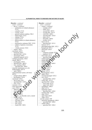 tra

in

in

g

to
o

Disorder––continued
– nerve––continued
– – cranial––continued
– – – multiple G52.7
– – – ninth G52.1
– – – second NEC H47.0
– – – seventh NEC G51.9
– – – sixth NEC H49.2
– – – specified NEC G52.8
– – – tenth G52.2
– – – third NEC H49.0
– – – twelfth G52.3
– – facial G51.9
– – – specified NEC G51.8
– – femoral G57.2
– – glossopharyngeal NEC G52.1
– – hypoglossal G52.3
– – intercostal G58.0
– – lateral
– – – cutaneous of thigh G57.1
– – – popliteal G57.3
– – lower limb G57.9
– – – specified NEC G57.8
– – medial popliteal G57.4
– – median NEC G56.1
– – multiple G58.7
– – oculomotor NEC H49.0
– – olfactory G52.0
– – optic NEC H47.0
– – peroneal G57.3
– – phrenic G58.8
– – plantar G57.6
– – pneumogastric G52.2
– – radial G56.3
– – recurrent laryngeal G52.2
– – root G54.9
– – – specified NEC G54.8
– – sciatic NEC G57.0
– – specified NEC G58.8
– – – lower limb G57.8
– – – upper limb G56.8
– – sympathetic G90.9
– – tibial G57.4
– – trigeminal G50.9
– – – specified NEC G50.8
– – trochlear NEC H49.1
– – ulnar G56.2
– – upper limb G56.9
– – vagus G52.2
– nervous system G98
– – autonomic (peripheral) G90.9
– – – specified NEC G90.8
– – central G96.9
– – – specified NEC G96.8

Fo

ru

se

w

ith

Disorder––continued
– mood––continued
– – due to––continued
– – – amfetamine (or related substance)
F15.8
– – – cannabis F12.8
– – – cocaine F14.8
– – – general medical condition F06.3
– – – hallucinogen F16.8
– – – inhalant F18.8
– – – opioid F11.8
– – – phencyclidine (or related substance)
F19.8
– – – psychoactive substance NEC F19.8
– – – sedative, hypnotic or anxiolytic
F13.8
– – – volatile solvents F18.8
– – organic F06.3
– movement G25.9
– – hysterical F44.4
– – specified NEC G25.8
– – stereotyped F98.4
– – treatment-induced G25.9
– multiple personality F44.8
– muscle M62.9
– – psychogenic F45.8
– – specified NEC M62.8
– – tone, newborn P94.9
– – – specified NEC P94.8
– muscular attachments (see also
Enthesopathy) M77.9
– – spine M46.0
– musculoskeletal system, soft tissue
M79.9
– – postprocedural M96.9
– – psychogenic F45.8
– myoneural G70.9
– – due to lead G70.1
– – specified NEC G70.8
– – toxic G70.1
– myotonic G71.1
– neck region NEC M53.8
– nerve G58.9
– – abducent NEC H49.2
– – accessory G52.8
– – acoustic H93.3
– – auditory H93.3
– – cerebral – see Disorder, nerve, cranial
– – cranial G52.9
– – – eighth H93.3
– – – eleventh G52.8
– – – fifth G50.9
– – – first G52.0
– – – fourth NEC H49.1

lo
nl
y

ALPHABETICAL INDEX TO DISEASES AND NATURE OF INJURY

225

 