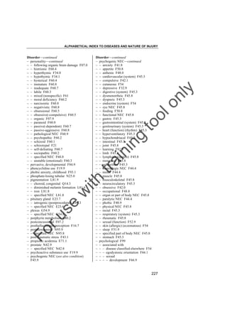 ALPHABETICAL INDEX TO DISEASES AND NATURE OF INJURY

tra

in

in

g

to
o

lo
nl
y

Disorder––continued
– psychogenic NEC––continued
– – anxiety F41.8
– – appetite F50.8
– – asthenic F48.0
– – cardiovascular (system) F45.3
– – compulsive F42.1
– – cutaneous F54
– – depressive F32.9
– – digestive (system) F45.3
– – dysmenorrheic F45.8
– – dyspneic F45.3
– – endocrine (system) F54
– – eye NEC F45.8
– – feeding F50.8
– – functional NEC F45.8
– – gastric F45.3
– – gastrointestinal (system) F45.3
– – genitourinary (system) F45.3
– – heart (function) (rhythm) F45.3
– – hyperventilatory F45.3
– – hypochondriacal F45.2
– – intestinal F45.3
– – joint F45.8
– – learning F81.9
– – limb F45.8
– – lymphatic (system) F45.8
– – menstrual F45.8
– – micturition F45.3
– – monoplegic NEC F44.4
– – motor F44.4
– – muscle F45.8
– – musculoskeletal F45.8
– – neurocirculatory F45.3
– – obsessive F42.0
– – occupational F48.8
– – organ or part of body NEC F45.8
– – paralytic NEC F44.4
– – phobic F40.9
– – physical NEC F45.8
– – rectal F45.3
– – respiratory (system) F45.3
– – rheumatic F45.8
– – sexual (function) F52.9
– – skin (allergic) (eczematous) F54
– – sleep F51.9
– – specified part of body NEC F45.8
– – stomach F45.3
– psychological F99
– – associated with
– – – disease classified elsewhere F54
– – – egodystonic orientation F66.1
– – – sexual
– – – – development F66.9

Fo

ru

se

w

ith

Disorder––continued
– personality––continued
– – following organic brain damage F07.0
– – histrionic F60.4
– – hyperthymic F34.0
– – hypothymic F34.1
– – hysterical F60.4
– – immature F60.8
– – inadequate F60.7
– – labile F60.3
– – mixed (nonspecific) F61
– – moral deficiency F60.2
– – narcissistic F60.8
– – negativistic F60.8
– – obsessional F60.5
– – obsessive(-compulsive) F60.5
– – organic F07.9
– – paranoid F60.0
– – passive(-dependent) F60.7
– – passive-aggressive F60.8
– – pathological NEC F60.9
– – psychopathic F60.2
– – schizoid F60.1
– – schizotypal F21
– – self-defeating F60.7
– – sociopathic F60.2
– – specified NEC F60.8
– – unstable (emotional) F60.3
– pervasive, developmental F84.9
– phencyclidine use F19.9
– phobic anxiety, childhood F93.1
– phosphate-losing tubular N25.0
– pigmentation L81.9
– – choroid, congenital Q14.3
– – diminished melanin formation L81.6
– – iron L81.8
– – specified NEC L81.8
– pituitary gland E23.7
– – iatrogenic (postprocedural) E89.3
– – specified NEC E23.6
– plexus G54.9
– – specified NEC G54.8
– porphyrin metabolism E80.2
– postconcussional F07.2
– posthallucinogen perception F16.7
– postmenopausal N95.9
– – specified NEC N95.8
– post-traumatic stress F43.1
– propionic acidemia E71.1
– prostate N42.9
– – specified NEC N42.8
– psychoactive substance use F19.9
– psychogenic NEC (see also condition)
F45.9

227

 