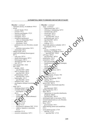 ALPHABETICAL INDEX TO DISEASES AND NATURE OF INJURY

tra

in

in

g

to
o

lo
nl
y

Disorder––continued
– sleep––continued
– – hypersomnia type G47.1
– – initiating or maintaining G47.0
– – insomnia type G47.0
– – mixed type G47.8
– – nonorganic F51.9
– – – specified NEC F51.8
– – parasomnia type G47.8
– – specified NEC G47.8
– – terrors F51.4
– – walking F51.3
– sleep-wake pattern or schedule G47.2
– – psychogenic F51.2
– social
– – anxiety, of childhood F93.2
– – functioning, in childhood F94.9
– – – specified NEC F94.8
– soft tissue M79.9
– – specified NEC M79.8
– somatization F45.0
– somatoform F45.9
– – pain (persistent) F45.4
– – somatization (long-lasting) (multiple)
F45.0
– – specified NEC F45.8
– – undifferentiated F45.1
– somnolence, excessive G47.1
– specific
– – arithmetical F81.2
– – developmental, of motor F82
– – reading F81.0
– – speech and language F80.9
– – spelling F81.1
– – written expression F81.8
– speech NEC R47.8
– – articulation (functional) (specific)
F80.0
– – developmental F80.9
– spelling (specific) F81.1
– spine M53.9
– – ligamentous or muscular attachments,
peripheral M46.0
– – specified NEC M53.8
– stereotyped, habit or movement F98.4
– stomach (functional) (see also Disorder,
gastric) K31.9
– stress F43.9
– – post-traumatic F43.1
– sulfur-bearing amino-acid metabilism
E72.1
– sweat gland (eccrine) L74.9
– – apocrine L75.9
– – – specified NEC L75.8

Fo

ru

se

w

ith

Disorder––continued
– separation anxiety, of childhood F93.0
– sexual
– – arousal, female F52.2
– – aversion F52.1
– – function, psychogenic F52.9
– – maturation F66.0
– – nonorganic F52.9
– – orientation (preference)
– – – effect on relationship F66.2
– – – egodystonic F66.1
– – – uncertainty F66.0
– – preference (see also Deviation, sexual)
F65.9
– – – fetishistic transvestism F65.1
– – relationship F66.2
– sibling rivalry F93.3
– sickle-cell (sickling) (homozygous)
D57.1
– – with crisis D57.0
– – double heterozygous D57.2
– – heterozygous D57.3
– – specified type NEC D57.8
– – trait D57.3
– sinus (nasal) NEC J34.8
– skin L98.9
– – atrophic L90.9
– – – specified NEC L90.8
– – fetus or newborn P83.9
– – – specified NEC P83.8
– – granulomatous L92.9
– – – specified NEC L92.8
– – hypertrophic L91.9
– – – specified NEC L91.8
– – infiltrative NEC L98.6
– – psychogenic (allergic) (eczematous)
F54
– sleep G47.9
– – breathing-related G47.3
– – circadian rhythm G47.2
– – – psychogenic F51.2
– – due to
– – – alcohol F10.8
– – – amfetamine (or related substance)
F15.8
– – – caffeine F15.8
– – – cannabis F12.8
– – – cocaine F14.8
– – – opioid F11.8
– – – psychoactive substance NEC F19.8
– – – sedative, hypnotic or anxiolytic
F13.8
– – emotional F51.9
– – excessive somnolence G47.1

229

 