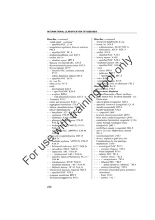 INTERNATIONAL CLASSIFICATION OF DISEASES

to
o

lo
nl
y

Disorder––continued
– urea cycle metabolism E72.2
– ureter (in) N28.9
– – schistosomiasis B65.0† N29.1"
– – tuberculosis A18.1† N29.1"
– urethra N36.9
– – specified NEC N36.8
– urinary system N39.9
– – specified NEC N39.8
– vestibular function H81.9
– – specified NEC H81.8
– visual
– – cortex H47.6
– – pathways H47.7
– – – specified NEC H47.5
– voice R49.8
– volatile solvent use F18.9
– withdrawing, child or adolescent F93.2
Disorientation R41.0
– psychogenic F44.8
Displacement, displaced
– acquired traumatic of bone, cartilage,
joint, tendon NEC (without fracture) – see
Dislocation
– adrenal gland (congenital) Q89.1
– appendix, retrocecal (congenital) Q43.8
– auricle (congenital) Q17.4
– bladder (acquired) N32.8
– – congenital Q64.1
– brachial plexus (congenital) Q07.8
– brain stem, caudal (congenital) Q04.8
– canuliculus (lacrimalis), congenital Q10.6
– cardia through esophageal hiatus
(congenital) Q40.1
– cerebellum, caudal (congenital) Q04.8
– cervix (see also Malposition, uterus)
N85.4
– colon (congenital) Q43.3
– device, implant or graft (see also
Complications, by site and type,
mechanical) T85.6
– – arterial graft NEC T82.3
– – – coronary (bypass) T82.2
– – breast (implant) T85.4
– – catheter NEC T85.6
– – – dialysis (renal) T82.4
– – – – intraperitoneal T85.6
– – – infusion NEC T82.5
– – – – spinal (epidural) (subdural) T85.6
– – – urinary (indwelling) T83.0
– – electronic (electrode) (pulse generator)
(stimulator)
– – – bone T84.3
– – – cardiac T82.1

Fo

ru

se

w

ith

tra

in

in

g

Disorder––continued
– sweat gland––continued
– – specified NEC L74.8
– temperature regulation, fetus or newborn
P81.9
– – specified NEC P81.8
– temporomandibular joint K07.6
– tendon M67.9
– – shoulder region M75.8
– thoracic root (nerve) NEC G54.3
– thyrocalcitonin hypersecretion E07.0
– thyroid (gland) E07.9
– – function NEC, neonatal, transitory
P72.2
– – iodine-deficiency-related E01.8
– – specified NEC E07.8
– tic – see Tic
– tobacco use F17.9
– tooth
– – development K00.9
– – – specified NEC K00.8
– – eruption K00.6
– – – with abnormal position K07.3
– Tourette's F95.2
– trance and possession F44.3
– tryptophan metabolism E70.8
– tubular, phosphate-losing N25.0
– tubulo-interstitial (in)
– – brucellosis A23.-† N16.0"
– – cystinosis E72.0† N16.3"
– – diphtheria A36.8† N16.0"
– – glycogen storage disease E74.0†
N16.3"
– – leukemia NEC (M9800/3) C95.9†
N16.1"
– – lymphoma NEC (M9590/3) C85.9†
N16.1"
– – mixed cryoglobulinemia D89.1†
N16.2"
– – multiple myeloma (M9732/3) C90.0†
N16.1"
– – Salmonella infection A02.2† N16.0"
– – sarcoidosis D86.8† N16.2"
– – septicemia A41.-† N16.0"
– – – streptococcal A40.-† N16.0"
– – systemic lupus erythematosus M32.1†
N16.4"
– – toxoplasmosis B58.8† N16.0"
– – transplant rejection T86.-† N16.5"
– – Wilson's disease E83.0† N16.3"
– tubulo-renal function, impaired N25.9
– – specified NEC N25.8
– tympanic membrane H73.9
– unsocialized aggressive F91.1

230

 