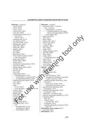 ALPHABETICAL INDEX TO DISEASES AND NATURE OF INJURY

tra

in

in

g

to
o

lo
nl
y

Distortion––continued
– skull bone(s) NEC––continued
– – with––continued
– – – hydrocephalus––continued
– – – – with spina bifida (see also Spina
bifida, with hydrocephalus) Q05.4
– – – microcephaly Q02
– spinal cord Q06.8
– spine Q76.4
– spleen Q89.0
– sternum NEC Q76.7
– thorax (wall) Q67.8
– – bony Q76.8
– tibia NEC Q68.8
– toe(s) Q66.9
– tongue Q38.3
– trachea (cartilage) Q32.1
– ulna NEC Q68.8
– ureter Q62.8
– urethra Q64.7
– – causing obstruction Q64.3
– uterus Q51.9
– vagina Q52.4
– vertebra Q76.4
– vulva Q52.7
– wrist (bones) (joint) Q68.8
Distress
– abdominal R10.4
– epigastric R10.1
– fetal (syndrome) P20.– – affecting
– – – labor and delivery O68.– – – management of pregnancy (unrelated
to labor or delivery) O36.3
– – complicating labor and delivery O68.– – first noted
– – – before onset of labor P20.0
– – – during labor and delivery P20.1
– gastrointestinal (functional) K30
– – psychogenic F45.3
– intestinal (functional) NEC K59.9
– – psychogenic F45.3
– intrauterine – see Distress, fetal
– maternal, during labor and delivery O75.0
– respiratory R06.0
– – adult J80
– – newborn P22.9
– – – specified NEC P22.8
– – psychogenic F45.3
– – syndrome (idiopathic) (newborn) P22.0
– – – adult J80
Distribution vessel, atypical Q27.9
– precerebral Q28.1
Districhiasis L68.8

Fo

ru

se

w

ith

Distortion––continued
– clavicle Q74.0
– clitoris Q52.6
– coccyx Q76.4
– common duct Q44.5
– cystic duct Q44.5
– ear (auricle) (external) Q17.3
– – inner Q16.5
– – ossicles Q16.3
– eustachian tube Q17.8
– eye (adnexa) Q15.8
– face bone(s) NEC Q75.8
– fallopian tube Q50.6
– femur NEC Q68.8
– fibula NEC Q68.8
– finger(s) Q68.1
– foot Q66.9
– gyri Q04.8
– hand bone(s) Q68.1
– heart (auricle) (ventricle) Q24.8
– – valve (cusp) Q24.8
– hepatic duct Q44.5
– humerus NEC Q68.8
– hymen Q52.4
– intrafamilial communications Z63.8
– knee (joint) Q68.2
– labium (majus) (minus) Q52.7
– leg NEC Q68.8
– lens Q12.8
– liver Q44.7
– lumbar spine Q76.4
– – with disproportion O33.8
– – – affecting fetus or newborn P03.1
– – – causing obstructed labor O65.0
– lumbosacral (joint) (region) Q76.4
– nerve Q07.8
– nose Q30.8
– organ
– – of Corti Q16.5
– – or site not listed – see Anomaly, by site
– oviduct Q50.6
– pancreas Q45.3
– patella Q68.2
– radius NEC Q68.8
– sacroiliac joint Q74.2
– sacrum Q76.4
– scapula Q74.0
– shoulder girdle Q74.0
– skull bone(s) NEC Q75.8
– – with
– – – encephalocele (see also
Encephalocele) Q01.9
– – – hydrocephalus Q03.9

233

 