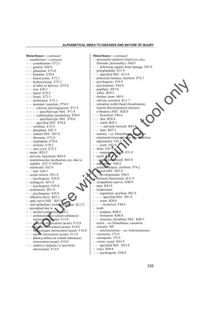 ALPHABETICAL INDEX TO DISEASES AND NATURE OF INJURY

tra

in

in

g

to
o

lo
nl
y

Disturbance––continued
– personality (pattern) (trait) (see also
Disorder, personality) F60.9
– – following organic brain damage F07.0
– polyglandular E31.9
– – specified NEC E31.8
– potassium balance, newborn P74.3
– psychogenic F45.9
– psychomotor F44.4
– pupillary H57.0
– reflex R29.2
– rhythm, heart I49.9
– salivary secretion K11.7
– sensation (cold) (heat) (localization)
(tactile discrimination) (texture)
(vibratory) NEC R20.8
– – hysterical F44.6
– – skin R20.8
– – smell R43.1
– – – and taste (mixed) R43.8
– – taste R43.2
– sensory – see Disturbance, sensation
– situational (transient) (see also Reaction,
adjustment) F43.2
– – acute F43.0
– sleep G47.9
– – nonorganic origin F51.9
– smell R43.1
– – and taste (mixed) R43.8
– sociopathic F60.2
– sodium balance, newborn P74.2
– speech NEC R47.8
– – developmental F80.9
– stomach (functional) K31.9
– sympathetic (nerve) G90.9
– taste R43.8
– temperature
– – regulation, newborn P81.9
– – – specified NEC P81.8
– – sense R20.8
– – – hysterical F44.6
– tooth
– – eruption K00.6
– – formation K00.4
– – structure, hereditary NEC K00.5
– touch – see Disturbance, sensation
– vascular I99
– – arteriosclerotic – see Arteriosclerosis
– vasomotor I73.9
– vasospastic I73.9
– vision, visual H53.9
– – specified NEC H53.8
– voice R49.8
– – psychogenic F44.4

Fo

ru

se

w

ith

Disturbance––continued
– metabolism––continued
– – cystathionine E72.1
– – general E88.9
– – glutamine E72.8
– – histidine E70.8
– – homocystine E72.1
– – hydroxylysine E72.3
– – in labor or delivery O75.8
– – iron E83.1
– – lipoid E78.9
– – lysine E72.3
– – methionine E72.1
– – neonatal, transitory P74.9
– – – calcium and magnesium P71.9
– – – – specified type NEC P71.8
– – – carbohydrate metabolism P70.9
– – – – specified type NEC P70.8
– – – specified NEC P74.8
– – ornithine E72.4
– – phosphate E83.3
– – sodium NEC E87.8
– – threonine E72.8
– – tryptophan E70.8
– – tyrosine E70.2
– – urea cycle E72.2
– motor R29.2
– nervous, functional R45.0
– neuromuscular mechanism, eye, due to
syphilis A52.1† H58.8"
– nutritional E63.9
– – nail L60.3
– ocular motion H51.9
– – psychogenic F45.8
– oculogyric H51.8
– – psychogenic F45.8
– oculomotor H51.9
– – psychogenic F45.8
– olfactory nerve R43.1
– optic nerve NEC H47.0
– oral epithelium, including tongue K13.2
– perceptual due to
– – alcohol withdrawal F10.3
– – amfetamine (or related substance)
intoxication (acute) F15.0
– – cannabis intoxication (acute) F12.0
– – cocaine intoxication (acute) F14.0
– – hallucinogen intoxication (acute) F16.0
– – opioid intoxication (acute) F11.0
– – phencyclidine (or related substance)
intoxication (acute) F19.0
– – sedative, hypnotic or anxiolytic
intoxication F13.0

235

 