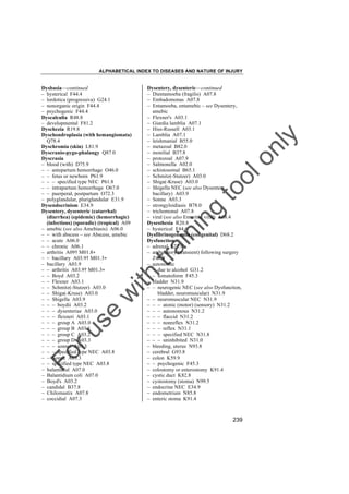 ALPHABETICAL INDEX TO DISEASES AND NATURE OF INJURY

tra

in

in

g

to
o

lo
nl
y

Dysentery, dysenteric––continued
– Dientamoeba (fragilis) A07.8
– Embadomonas A07.8
– Entamoeba, entamebic – see Dysentery,
amebic
– Flexner's A03.1
– Giardia lamblia A07.1
– Hiss-Russell A03.1
– Lamblia A07.1
– leishmanial B55.0
– metazoal B82.0
– monilial B37.8
– protozoal A07.9
– Salmonella A02.0
– schistosomal B65.1
– Schmitz(-Stutzer) A03.0
– Shiga(-Kruse) A03.0
– Shigella NEC (see also Dysentery,
bacillary) A03.9
– Sonne A03.3
– strongyloidiasis B78.0
– trichomonal A07.8
– viral (see also Enteritis, viral) A08.4
Dysesthesia R20.8
– hysterical F44.6
Dysfibrinogenemia (congenital) D68.2
Dysfunction
– adrenal E27.9
– ambulatory (transient) following surgery
Z48.8
– autonomic
– – due to alcohol G31.2
– – somatoform F45.3
– bladder N31.9
– – neurogenic NEC (see also Dysfunction,
bladder, neuromuscular) N31.9
– – neuromuscular NEC N31.9
– – – atonic (motor) (sensory) N31.2
– – – autonomous N31.2
– – – flaccid N31.2
– – – nonreflex N31.2
– – – reflex N31.1
– – – specified NEC N31.8
– – – uninhibited N31.0
– bleeding, uterus N93.8
– cerebral G93.8
– colon K59.9
– – psychogenic F45.3
– colostomy or enterostomy K91.4
– cystic duct K82.8
– cystostomy (stoma) N99.5
– endocrine NEC E34.9
– endometrium N85.8
– enteric stoma K91.4

Fo

ru

se

w

ith

Dysbasia––continued
– hysterical F44.4
– lordotica (progressiva) G24.1
– nonorganic origin F44.4
– psychogenic F44.4
Dyscalculia R48.8
– developmental F81.2
Dyschezia R19.8
Dyschondroplasia (with hemangiomata)
Q78.4
Dyschromia (skin) L81.9
Dyscranio-pygo-phalangy Q87.0
Dyscrasia
– blood (with) D75.9
– – antepartum hemorrhage O46.0
– – fetus or newborn P61.9
– – – specified type NEC P61.8
– – intrapartum hemorrhage O67.0
– – puerperal, postpartum O72.3
– polyglandular, pluriglandular E31.9
Dysendocrinism E34.9
Dysentery, dysenteric (catarrhal)
(diarrhea) (epidemic) (hemorrhagic)
(infectious) (sporadic) (tropical) A09
– amebic (see also Amebiasis) A06.0
– – with abscess – see Abscess, amebic
– – acute A06.0
– – chronic A06.1
– arthritis A09† M01.8"
– – bacillary A03.9† M01.3"
– bacillary A03.9
– – arthritis A03.9† M01.3"
– – Boyd A03.2
– – Flexner A03.1
– – Schmitz(-Stutzer) A03.0
– – Shiga(-Kruse) A03.0
– – Shigella A03.9
– – – boydii A03.2
– – – dysenteriae A03.0
– – – flexneri A03.1
– – – group A A03.0
– – – group B A03.1
– – – group C A03.2
– – – group D A03.3
– – – sonnei A03.3
– – – specified type NEC A03.8
– – Sonne A03.3
– – specified type NEC A03.8
– balantidial A07.0
– Balantidium coli A07.0
– Boyd's A03.2
– candidal B37.8
– Chilomastix A07.8
– coccidial A07.3

239

 