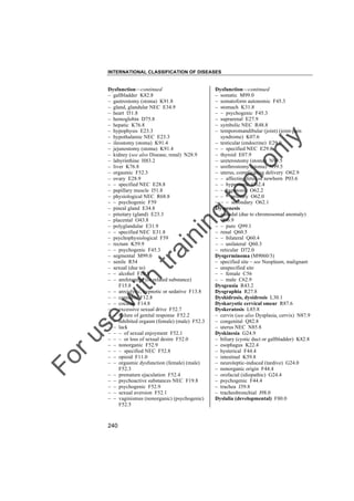 INTERNATIONAL CLASSIFICATION OF DISEASES

to
o

lo
nl
y

Dysfunction––continued
– somatic M99.0
– somatoform autonomic F45.3
– stomach K31.8
– – psychogenic F45.3
– suprarenal E27.9
– symbolic NEC R48.8
– temporomandibular (joint) (joint-pain
syndrome) K07.6
– testicular (endocrine) E29.9
– – specified NEC E29.8
– thyroid E07.9
– ureterostomy (stoma) N99.5
– urethrostomy (stoma) N99.5
– uterus, complicating delivery O62.9
– – affecting fetus or newborn P03.6
– – hypertonic O62.4
– – hypotonic O62.2
– – – primary O62.0
– – – secondary O62.1
Dysgenesis
– gonadal (due to chromosomal anomaly)
Q96.9
– – pure Q99.1
– renal Q60.5
– – bilateral Q60.4
– – unilateral Q60.3
– reticular D72.0
Dysgerminoma (M9060/3)
– specified site – see Neoplasm, malignant
– unspecified site
– – female C56
– – male C62.9
Dysgeusia R43.2
Dysgraphia R27.8
Dyshidrosis, dysidrosis L30.1
Dyskaryotic cervical smear R87.6
Dyskeratosis L85.8
– cervix (see also Dysplasia, cervix) N87.9
– congenital Q82.8
– uterus NEC N85.8
Dyskinesia G24.9
– biliary (cystic duct or gallbladder) K82.8
– esophagus K22.4
– hysterical F44.4
– intestinal K59.8
– neuroleptic-induced (tardive) G24.0
– nonorganic origin F44.4
– orofacial (idiopathic) G24.4
– psychogenic F44.4
– trachea J39.8
– tracheobronchial J98.0
Dyslalia (developmental) F80.0

Fo

ru

se

w

ith

tra

in

in

g

Dysfunction––continued
– gallbladder K82.8
– gastrostomy (stoma) K91.8
– gland, glandular NEC E34.9
– heart I51.8
– hemoglobin D75.8
– hepatic K76.8
– hypophysis E23.3
– hypothalamic NEC E23.3
– ileostomy (stoma) K91.4
– jejunostomy (stoma) K91.4
– kidney (see also Disease, renal) N28.9
– labyrinthine H83.2
– liver K76.8
– orgasmic F52.3
– ovary E28.9
– – specified NEC E28.8
– papillary muscle I51.8
– physiological NEC R68.8
– – psychogenic F59
– pineal gland E34.8
– pituitary (gland) E23.3
– placental O43.8
– polyglandular E31.9
– – specified NEC E31.8
– psychophysiological F59
– rectum K59.9
– – psychogenic F45.3
– segmental M99.0
– senile R54
– sexual (due to)
– – alcohol F10.8
– – amfetamine (or related substance)
F15.8
– – anxiolytic, hypnotic or sedative F13.8
– – cannabis F12.8
– – cocaine F14.8
– – excessive sexual drive F52.7
– – failure of genital response F52.2
– – inhibited orgasm (female) (male) F52.3
– – lack
– – – of sexual enjoyment F52.1
– – – or loss of sexual desire F52.0
– – nonorganic F52.9
– – – specified NEC F52.8
– – opioid F11.0
– – orgasmic dysfunction (female) (male)
F52.3
– – premature ejaculation F52.4
– – psychoactive substances NEC F19.8
– – psychogenic F52.9
– – sexual aversion F52.1
– – vaginismus (nonorganic) (psychogenic)
F52.5

240

 