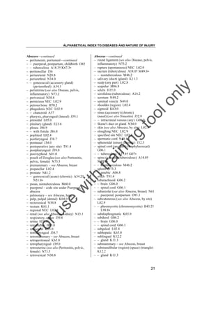 ALPHABETICAL INDEX TO DISEASES AND NATURE OF INJURY

tra

in

in

g

to
o

lo
nl
y

Abscess––continued
– round ligament (see also Disease, pelvis,
inflammatory) N73.2
– rupture (spontaneous) NEC L02.9
– sacrum (tuberculous) A18.0† M49.0"
– – nontuberculous M46.2
– salivary (duct) (gland) K11.3
– scalp (any part) L02.8
– scapular M86.8
– sclera H15.0
– scrofulous (tuberculous) A18.2
– scrotum N49.2
– seminal vesicle N49.0
– shoulder (region) L02.4
– sigmoid K63.0
– sinus (accessory) (chronic)
(nasal) (see also Sinusitis) J32.9
– – intracranial venous (any) G06.0
– Skene's duct or gland N34.0
– skin (see also Abscess, by site) L02.9
– sloughing NEC L02.9
– specified site NEC L02.8
– spermatic cord N49.1
– sphenoidal (sinus) (chronic) J32.3
– spinal cord (any part) (staphylococcal)
G06.1
– – tuberculous A17.8† G07"
– spine (column) (tuberculous) A18.0†
M49.0"
– – nontuberculous M46.2
– spleen D73.3
– – amebic A06.8
– stitch T81.4
– subarachnoid G06.2
– – brain G06.0
– – spinal cord G06.1
– subareolar (see also Abscess, breast) N61
– – puerperal, postpartum O91.1
– subcutaneous (see also Abscess, by site)
L02.9
– – pheomycotic (chromomycotic) B43.2†
L99.8"
– subdiaphragmatic K65.0
– subdural G06.2
– – brain G06.0
– – spinal cord G06.1
– subgaleal L02.8
– subhepatic K65.0
– sublingual K12.2
– – gland K11.3
– submammary – see Abscess, breast
– submandibular (region) (space) (triangle)
K12.2
– – gland K11.3

Fo

ru

se

w

ith

Abscess––continued
– peritoneum, peritoneal––continued
– – puerperal, postpartum, childbirth O85
– – tuberculous A18.3† K67.3"
– peritonsillar J36
– periureteral N28.8
– periurethral N34.0
– – gonococcal (accessory gland)
(periurethral) A54.1
– periuterine (see also Disease, pelvis,
inflammatory) N73.2
– perivesical N30.8
– pernicious NEC L02.9
– petrous bone H70.2
– phagedenic NEC L02.9
– – chancroid A57
– pharynx, pharyngeal (lateral) J39.1
– pilonidal L05.0
– pituitary (gland) E23.6
– pleura J86.9
– – with fistula J86.0
– popliteal L02.4
– postlaryngeal J38.7
– postnasal J34.0
– postoperative (any site) T81.4
– postpharyngeal J39.0
– post-typhoid A01.0
– pouch of Douglas (see also Peritonitis,
pelvic, female) N73.5
– premammary – see Abscess, breast
– prepatellar L02.4
– prostate N41.2
– – gonococcal (acute) (chronic) A54.2†
N51.0"
– psoas, nontuberculous M60.0
– puerperal – code site under Puerperal,
abscess
– pulmonary – see Abscess, lung
– pulp, pulpal (dental) K04.0
– rectovesical N30.8
– rectum K61.1
– regional NEC L02.8
– renal (see also Abscess, kidney) N15.1
– respiratory, upper J39.8
– retina H30.0
– retrobulbar H05.0
– retrocecal K65.0
– retrolaryngeal J38.7
– retromammary – see Abscess, breast
– retroperitoneal K65.0
– retropharyngeal J39.0
– retrouterine (see also Peritonitis, pelvic,
female) N73.5
– retrovesical N30.8

21

 