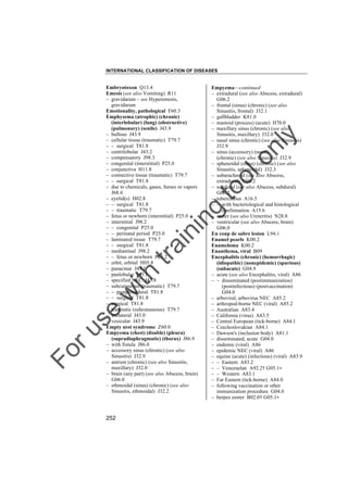 INTERNATIONAL CLASSIFICATION OF DISEASES

to
o

lo
nl
y

Empyema––continued
– extradural (see also Abscess, extradural)
G06.2
– frontal (sinus) (chronic) (see also
Sinusitis, frontal) J32.1
– gallbladder K81.0
– mastoid (process) (acute) H70.0
– maxillary sinus (chronic) (see also
Sinusitis, maxillary) J32.0
– nasal sinus (chronic) (see also Sinusitis)
J32.9
– sinus (accessory) (nasal)
(chronic) (see also Sinusitis) J32.9
– sphenoidal (sinus) (chronic) (see also
Sinusitis, sphenoidal) J32.3
– subarachnoid (see also Abscess,
extradural) G06.2
– subdural (see also Abscess, subdural)
G06.2
– tuberculous A16.5
– – with bacteriological and histological
confirmation A15.6
– ureter (see also Ureteritis) N28.8
– ventricular (see also Abscess, brain)
G06.0
En coup de sabre lesion L94.1
Enamel pearls K00.2
Enameloma K00.2
Enanthema, viral B09
Encephalitis (chronic) (hemorrhagic)
(idiopathic) (nonepidemic) (spurious)
(subacute) G04.9
– acute (see also Encephalitis, viral) A86
– – disseminated (postimmunization)
(postinfectious) (postvaccination)
G04.0
– arboviral, arbovirus NEC A85.2
– arthropod-borne NEC (viral) A85.2
– Australian A83.4
– California (virus) A83.5
– Central European (tick-borne) A84.1
– Czechoslovakian A84.1
– Dawson's (inclusion body) A81.1
– disseminated, acute G04.0
– endemic (viral) A86
– epidemic NEC (viral) A86
– equine (acute) (infectious) (viral) A83.9
– – Eastern A83.2
– – Venezuelan A92.2† G05.1"
– – Western A83.1
– Far Eastern (tick-borne) A84.0
– following vaccination or other
immunization procedure G04.0
– herpes zoster B02.0† G05.1"

Fo

ru

se

w

ith

tra

in

in

g

Embryotoxon Q13.4
Emesis (see also Vomiting) R11
– gravidarum – see Hyperemesis,
gravidarum
Emotionality, pathological F60.3
Emphysema (atrophic) (chronic)
(interlobular) (lung) (obstructive)
(pulmonary) (senile) J43.9
– bullous J43.9
– cellular tissue (traumatic) T79.7
– – surgical T81.8
– centrilobular J43.2
– compensatory J98.3
– congenital (interstitial) P25.0
– conjunctiva H11.8
– connective tissue (traumatic) T79.7
– – surgical T81.8
– due to chemicals, gases, fumes or vapors
J68.4
– eyelid(s) H02.8
– – surgical T81.8
– – traumatic T79.7
– fetus or newborn (interstitial) P25.0
– interstitial J98.2
– – congenital P25.0
– – perinatal period P25.0
– laminated tissue T79.7
– – surgical T81.8
– mediastinal J98.2
– – fetus or newborn P25.2
– orbit, orbital H05.8
– panacinar J43.1
– panlobular J43.1
– specified NEC J43.8
– subcutaneous (traumatic) T79.7
– – postprocedural T81.8
– – surgical T81.8
– surgical T81.8
– traumatic (subcutaneous) T79.7
– unilateral J43.0
– vesicular J43.9
Empty nest syndrome Z60.0
Empyema (chest) (double) (pleura)
(supradiaphragmatic) (thorax) J86.9
– with fistula J86.0
– accessory sinus (chronic) (see also
Sinusitis) J32.9
– antrum (chronic) (see also Sinusitis,
maxillary) J32.0
– brain (any part) (see also Abscess, brain)
G06.0
– ethmoidal (sinus) (chronic) (see also
Sinusitis, ethmoidal) J32.2

252

 