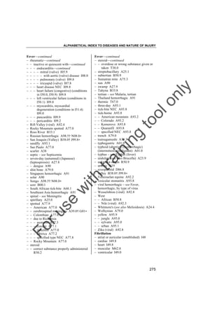 ALPHABETICAL INDEX TO DISEASES AND NATURE OF INJURY

tra

in

in

g

to
o

lo
nl
y

Fever––continued
– steroid––continued
– – overdose or wrong substance given or
taken T38.0
– streptobacillary A25.1
– subtertian B50.9
– Sumatran mite A75.3
– sun A90
– swamp A27.9
– Tahyna B33.8
– tertian – see Malaria, tertian
– Thailand hemorrhagic A91
– thermic T67.0
– three-day A93.1
– tick-bite NEC A93.8
– tick-borne A93.8
– – American mountain A93.2
– – Colorado A93.2
– – Kemerovo A93.8
– – Quaranfil A93.8
– – specified NEC A93.8
– trench A79.0
– tsutsugamushi A75.3
– typhogastric A01.0
– typhoid (abortive) (hemorrhagic)
(intermittent) (malignant) A01.0
– typhus – see Typhus (fever)
– undulant (see also Brucella) A23.9
– unknown origin R50.9
– uremic N19
– uveoparotid D86.8
– valley B38.0† J99.8"
– Venezuelan equine A92.2
– vesicular stomatitis A93.8
– viral hemorrhagic – see Fever,
hemorrhagic, by type of virus
– Wesselsbron (viral) A92.8
– West
– – African B50.8
– – Nile (viral) A92.3
– Whitmore's (see also Melioidosis) A24.4
– Wolhynian A79.0
– yellow A95.9
– – jungle A95.0
– – sylvatic A95.0
– – urban A95.1
– Zika (viral) A92.8
Fibrillation
– atrial or auricular (established) I48
– cardiac I49.8
– heart I49.8
– muscular M62.8
– ventricular I49.0

Fo

ru

se

w

ith

Fever––continued
– rheumatic––continued
– – inactive or quiescent with––continued
– – – endocarditis––continued
– – – – mitral (valve) I05.9
– – – – – with aortic (valve) disease I08.0
– – – – pulmonary (valve) I09.8
– – – – tricuspid (valve) I07.8
– – – heart disease NEC I09.8
– – – heart failure (congestive) (conditions
in I50.0, I50.9) I09.8
– – – left ventricular failure (conditions in
I50.1) I09.8
– – – myocarditis, myocardial
degeneration (conditions in I51.4)
I09.0
– – – pancarditis I09.9
– – – pericarditis I09.2
– Rift Valley (viral) A92.4
– Rocky Mountain spotted A77.0
– Ross River B33.1
– Russian hemorrhagic A98.5† N08.0"
– San Joaquin (Valley) B38.0† J99.8"
– sandfly A93.1
– Sao Paulo A77.0
– scarlet A38
– septic – see Septicemia
– seven-day (autumnal) (Japanese)
(leptospirosis) A27.8
– – dengue A90
– shin bone A79.0
– Singapore hemorrhagic A91
– solar A90
– Songo A98.5† N08.0"
– sore B00.1
– South African tick-bite A68.1
– Southeast Asia hemorrhagic A91
– spinal – see Meningitis
– spirillary A25.0
– spotted A77.9
– – American A77.0
– – cerebrospinal meningitis A39.0† G01"
– – Colombian A77.0
– – due to Rickettsia
– – – australis A77.3
– – – conorii A77.1
– – – rickettsii A77.0
– – – sibirica A77.2
– – – specified type NEC A77.8
– – Rocky Mountain A77.0
– steroid
– – correct substance properly administered
R50.2

275

 
