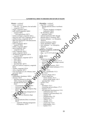 ALPHABETICAL INDEX TO DISEASES AND NATURE OF INJURY

tra

in

in

g

to
o

lo
nl
y

Absorption––continued
– drug NEC––continued
– – through placenta (fetus or newborn)
P04.1
– – – obstetric anesthetic or analgesic
medication P04.0
– fat, disturbance K90.4
– – pancreatic K90.3
– maternal medication NEC through
placenta (fetus or newborn) P04.1
– noxious substance – see Absorption,
chemical
– protein, disturbance K90.4
– starch, disturbance K90.4
– toxic substance – see Absorption,
chemical
– uremic – see Uremia
Abstinence symptoms, syndrome
– alcohol F10.3
– drug – see F11-F19 with fourth character
.3
Abulia R68.8
Abuse
– alcohol (non-dependent) F10.1
– – counseling and surveillance Z71.4
– – personal history of (no longer current)
Z86.4
– – rehabilitation measures Z50.2
– amfetamine (or related substance) F15.1
– antacids F55
– anxiolytic F13.1
– cannabis, cannabinoids F12.1
– child T74.9
– – physical, alleged Z61.6
– – sexual, alleged (by)
– – – family member Z61.4
– – – person outside family Z61.5
– – specified NEC T74.8
– cocaine F14.1
– drugs
– – anxiolytics F13.1
– – counseling and surveillance Z71.5
– – hypnotics F13.1
– – non-dependent (psychoactive) F19.1
– – – amfetamine-type F15.1
– – – analgesics (non-prescribed) F55
– – – antacids F55
– – – antidepressants F55
– – – barbiturates F13.1
– – – caffeine F15.1
– – – cannabis F12.1
– – – cocaine-type F14.1
– – – hallucinogens F16.1
– – – hashish F12.1

Fo

ru

se

w

ith

Absence––continued
– toe(s)––continued
– – with foot – see Absence, foot and ankle
– – congenital Q72.3
– tongue, congenital Q38.3
– tooth, teeth (congenital) K00.0
– – acquired K08.1
– – – with malocclusion K07.3
– trachea (cartilage), congenital Q32.1
– transverse aortic arch, congenital Q25.4
– umbilical artery, congenital Q27.0
– upper arm and forearm with hand present,
congenital Q71.1
– ureter (congenital) Q62.4
– – acquired Z90.6
– urethra, congenital Q64.5
– uterus (acquired) Z90.7
– – congenital Q51.0
– uvula, congenital Q38.5
– vagina, congenital Q52.0
– vas deferens (congenital) Q55.4
– – acquired Z90.7
– vein (peripheral), congenital Q27.8
– – brain Q28.3
– – great Q26.8
– – portal Q26.5
– – specified NEC Q27.8
– vena cava (inferior) (superior), congenital
Q26.8
– vertebra, congenital Q76.4
– vulva, congenital Q52.7
– wrist (acquired) (see also Absence, hand
and wrist) Z89.1
Absorption
– carbohydrate, disturbance K90.4
– chemical T65.9
– – specified chemical or substance – see
Table of drugs and chemicals
– – through placenta (fetus or newborn)
P04.8
– – – environmental substance P04.6
– – – nutritional substance P04.5
– – – obstetric anesthetic or analgesic drug
P04.0
– – – suspected, affecting management of
pregnancy O35.8
– drug NEC (see also Reaction, drug)
T88.7
– – addictive
– – – through placenta (fetus or newborn)
P04.4
– – – – suspected, affecting management
of pregnancy O35.5

25

 