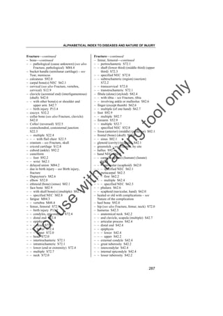 ALPHABETICAL INDEX TO DISEASES AND NATURE OF INJURY

tra

in

in

g

to
o

lo
nl
y

Fracture––continued
– femur, femoral––continued
– – pertrochanteric S72.1
– – shaft (lower third) (middle third) (upper
third) S72.3
– – specified NEC S72.8
– – subtrochanteric (region) (section)
S72.2
– – transcervical S72.0
– – transtrochanteric S72.1
– fibula (alone) (styloid) S82.4
– – with tibia – see Fracture, tibia
– – involving ankle or malleolus S82.6
– finger (except thumb) S62.6
– – multiple (of one hand) S62.7
– foot S92.9
– – multiple S92.7
– forearm S52.9
– – multiple S52.7
– – specified NEC S52.8
– fossa (anterior) (middle) (posterior) S02.1
– frontal (bone) (skull) S02.0
– – sinus S02.1
– glenoid (cavity) (scapula) S42.1
– greenstick – see Fracture, by site
– hallux S92.4
– hand NEC S62.8
– – carpal (capitate) (hamate) (lunate)
S62.1
– – – navicular (scaphoid) S62.0
– – – specified NEC S62.1
– – metacarpal S62.3
– – – first S62.2
– – – multiple S62.4
– – – specified NEC S62.3
– – phalanx S62.6
– – scaphoid (navicular, hand) S62.0
– healed or old with complications – see
Nature of the complication
– heel bone S92.0
– hip (see also Fracture, femur, neck) S72.0
– humerus S42.3
– – anatomical neck S42.2
– – and clavicle, scapula (multiple) S42.7
– – articular process S42.4
– – distal end S42.4
– – epiphysis
– – – lower S42.4
– – – upper S42.2
– – external condyle S42.4
– – great tuberosity S42.2
– – intercondylar S42.4
– – internal epicondyle S42.4
– – lesser tuberosity S42.2

Fo

ru

se

w

ith

Fracture––continued
– bone––continued
– – pathological (cause unknown) (see also
Fracture, pathological) M84.4
– bucket handle (semilunar cartilage) – see
Tear, meniscus
– calcaneus S92.0
– carpal bone(s) NEC S62.1
– cervical (see also Fracture, vertebra,
cervical) S12.9
– clavicle (acromial end) (interligamentous)
(shaft) S42.0
– – with other bone(s) or shoulder and
upper arm S42.7
– – birth injury P13.4
– coccyx S32.2
– collar bone (see also Fracture, clavicle)
S42.0
– Colles' (reversed) S52.5
– costochondral, costosternal junction
S22.3
– – multiple S22.4
– – – with flail chest S22.5
– cranium – see Fracture, skull
– cricoid cartilage S12.8
– cuboid (ankle) S92.2
– cuneiform
– – foot S92.2
– – wrist S62.1
– delayed union M84.2
– due to birth injury – see Birth injury,
fracture
– Dupuytren's S82.6
– elbow S52.0
– ethmoid (bone) (sinus) S02.1
– face bone S02.9
– – with skull bone(s) (multiple) S02.7
– – specified NEC S02.8
– fatigue M84.3
– – vertebra M48.4
– femur, femoral S72.9
– – birth injury P13.2
– – condyles, epicondyles S72.4
– – distal end S72.4
– – epiphysis
– – – head S72.0
– – – lower S72.4
– – – upper S72.0
– – head S72.0
– – intertrochanteric S72.1
– – intratrochanteric S72.1
– – lower (end or extremity) S72.4
– – multiple S72.7
– – neck S72.0

287

 