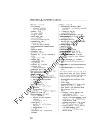 INTERNATIONAL CLASSIFICATION OF DISEASES

to
o

lo
nl
y

Glioma––continued
– subependymal (M9383/1) D43.2
– – specified site – see Neoplasm, uncertain
behavior
– – unspecified site D43.2
– unspecified site C71.9
Gliomatosis cerebri (M9381/3) C71.0
Glioneuroma (M9505/1) – see Neoplasm,
uncertain behavior
Gliosarcoma (M9442/3)
– specified site – see Neoplasm, malignant
– unspecified site C71.9
Gliosis (cerebral) G93.8
– spinal G95.8
Globinuria R82.3
Globus (hystericus) F45.8
Glomangioma (M8712/0) D18.0
Glomangiomyoma (M8713/0) D18.0
Glomangiosarcoma (M8710/3) – see
Neoplasm, connective tissue, malignant
Glomerular
– disease in syphilis A52.7† N08.0"
– nephritis (see also Glomerulonephritis)
N05.Glomerulitis (see also Glomerulonephritis)
N05.Glomerulonephritis (see also Nephritis)
N05.-

Fo

ru

se

w

ith

tra

in

in

g

Glaucoma––continued
– in––continued
– – rubeosis of iris H40.5
– – tumor of globe H40.5
– infantile Q15.0
– low-tension H40.1
– malignant H40.2
– narrow angle H40.2
– newborn Q15.0
– noncongestive (chronic) H40.1
– nonobstructive H40.1
– obstructive H40.2
– – due to lens changes H40.5
– open-angle (primary) (residual stage)
H40.1
– phacolytic H40.5
– pigmentary H40.1
– postinfectious H40.4
– secondary NEC (see also Glaucoma, in)
H40.5
– simple (chronic) H40.1
– simplex H40.1
– specified NEC H40.8
– suspect H40.0
– syphilitic A52.7† H42.8"
– traumatic H40.3
– – newborn (birth injury) P15.3
– tuberculous A18.5† H42.8"
Glaucomatous flecks (subcapsular) H26.2
Gleet (gonococcal) A54.0
Glénard's disease K63.4
Glioblastoma (multiforme) (M9440/3)
– with sarcomatous component (M9442/3)
– – specified site – see Neoplasm,
malignant
– – unspecified site C71.9
– giant cell (M9441/3)
– – specified site – see Neoplasm,
malignant
– – unspecified site C71.9
– specified site – see Neoplasm, malignant
– unspecified site C71.9
Glioma (malignant) (M9380/3)
– astrocytic (M9400/3)
– – specified site – see Neoplasm,
malignant
– – unspecified site C71.9
– mixed (M9382/3)
– – specified site – see Neoplasm,
malignant
– – unspecified site C71.9
– nose Q30.8
– specified site NEC – see Neoplasm,
malignant

298

Note: Where a term is indexed only at the
three-character level, e.g. N01.-, reference
should be made to the list of fourth-character
subdivisions in Volume 1 at N00-N08.
–
–
–
–
–
–
–
–
–
–
–
–

with edema (see also Nephrosis) N04.acute N00.chronic N03.crescentic (diffuse) NEC – code to N00N07 with fourth character .7N05.7
dense deposit – code to N00-N07 with
fourth character .6N05.6
diffuse
– crescentic – code to N00-N07 with
fourth character .7N05.7
– endocapillary proliferative – code to
N00-N07 with fourth character .4N05.4
– membranous – code to N00-N07 with
fourth character .2N05.2
– mesangial proliferative – code to N00N07 with fourth character .3N05.3
– mesangiocapillary – code to N00-N07
with fourth character .5N05.5
– sclerosing (see also Failure, renal,
chronic) N18.9

 