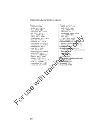 INTERNATIONAL CLASSIFICATION OF DISEASES

g

to
o

lo
nl
y

Gumma––continued
– tongue A52.7† K93.8"
– tonsil A52.7† J99.8"
– trachea A52.7† J99.8"
– tuberculous A18.4
– ulcerative due to yaws A66.4
– ureter A52.7† N29.1"
– yaws A66.4
– – bone A66.6† M90.2"
Gunn's syndrome Q07.8
Gunshot wound – see also Wound, open
– fracture – code as Fracture, by site
– internal organs – see Injury, by site
Gynandrism Q56.0
Gynandroblastoma (M8632/1)
– specified site – see Neoplasm, uncertain
behavior
– unspecified site
– – female D39.1
– – male D40.1
Gynecological examination (periodic)
(routine) Z01.4
Gynecomastia N62
Gynephobia F40.1
Gyrate scalp Q82.8

Fo

ru

se

w

ith

tra

in

in

Gumma––continued
– congenital A50.5
– eyelid A52.7† H03.1"
– heart A52.0† I52.0"
– intracranial A52.1† G07"
– iris A52.7† H22.8"
– kidney A52.7† N29.0"
– larynx A52.7† J99.8"
– leptomeninges A52.1† G07"
– liver A52.7† K77.0"
– meninges A52.1† G07"
– myocardium A52.0† I41.0"
– nasopharynx A52.7† J99.8"
– neurosyphilitic A52.3
– nose A52.7† J99.8"
– orbit A52.7† H06.3"
– palate (soft) A52.7† K93.8"
– penis A52.7† N51.8"
– pericardium A52.0† I32.0"
– pharynx A52.7† J99.8"
– pituitary A52.7† E35.8"
– scrofulous (tuberculous) A18.4
– skin A52.7† L99.8"
– specified site NEC A52.7
– spinal cord A52.1† G07"

304

 