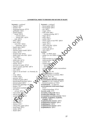 ALPHABETICAL INDEX TO DISEASES AND NATURE OF INJURY

tra

in

in

g

to
o

lo
nl
y

Accessory––continued
– thymus gland Q89.2
– thyroid gland Q89.2
– toes Q69.2
– tongue Q38.3
– tooth, teeth K00.1
– – causing crowding K07.3
– tragus Q17.0
– ureter Q62.5
– urethra Q64.7
– urinary organ or tract NEC Q64.8
– uterus Q51.2
– vagina Q52.1
– valve, heart NEC Q24.8
– vertebra Q76.4
– vocal cords Q31.8
– vulva Q52.7
Accident
– birth – see Birth, injury
– cardiac (see also Infarct, myocardium)
I21.9
– cardiovascular (see also Disease,
cardiovascular) I51.6
– cerebral I64
– cerebrovascular I64
– – hemorrhagic I61.9
– – old I69.4
– coronary (see also Infarct, myocardium)
I21.9
– craniovascular I64
– during pregnancy, to mother
– – affecting fetus or newborn P00.5
– vascular, brain I64
Accidental – see condition
Accommodation (disorder) (paresis)
(spasm) (see also condition) H52.5
– hysterical paralysis of F44.8
Accouchement – see Delivery
Accreta placenta (with hemorrhage)
O72.0
– without hemorrhage O73.0
Accretio cordis I31.0
Accretions, tooth, teeth K03.6
Acculturation difficulty Z60.3
Accumulation secretion, prostate N42.8
Acephalia, acephalism, acephalus,
acephaly Q00.0
Acephalobrachia monster Q89.8
Acephalochirus monster Q89.8
Acephalogaster Q89.8
Acephalostomus monster Q89.8
Acephalothorax Q89.8

Fo

ru

se

w

ith

Accessory––continued
– finger(s) Q69.0
– foreskin N47
– frontonasal process Q75.8
– gallbladder Q44.1
– genital organ(s)
– – female Q52.8
– – – external Q52.7
– – – internal NEC Q52.8
– – male Q55.8
– hallux Q69.2
– heart Q24.8
– – valve NEC Q24.8
– – – pulmonary Q22.3
– hepatic ducts Q44.5
– hymen Q52.4
– intestine (large) (small) Q43.4
– kidney Q63.0
– lacrimal canal Q10.6
– leaflet, heart valve NEC Q24.8
– liver Q44.7
– – duct Q44.5
– lobule (ear) Q17.0
– lung (lobe) Q33.1
– muscle Q79.8
– navicular of carpus Q74.0
– nervous system, part NEC Q07.8
– nipple Q83.3
– nose Q30.8
– organ or site not listed – see Anomaly, by
site
– ovary Q50.3
– oviduct Q50.6
– pancreas Q45.3
– parathyroid gland Q89.2
– parotid gland (and duct) Q38.4
– pituitary gland Q89.2
– preauricular appendage Q17.0
– prepuce N47
– renal arteries (multiple) Q27.2
– rib Q76.6
– – cervical Q76.5
– roots (teeth) K00.2
– salivary gland Q38.4
– sesamoid bones Q74.8
– – foot Q74.2
– – hand Q74.0
– skin tags Q82.8
– spleen Q89.0
– sternum Q76.7
– submaxillary gland Q38.4
– tarsal bones Q74.2
– tendon Q79.8
– thumb Q69.1

27

 