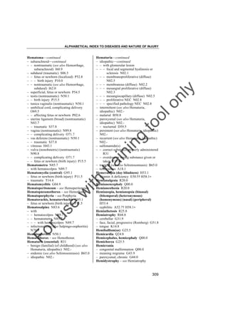 ALPHABETICAL INDEX TO DISEASES AND NATURE OF INJURY

tra

in

in

g

to
o

lo
nl
y

Hematuria––continued
– idiopathic––continued
– – with glomerular lesion
– – – focal and segmental hyalinosis or
sclerosis N02.1
– – – membranoproliferative (diffuse)
N02.5
– – – membranous (diffuse) N02.2
– – – mesangial proliferative (diffuse)
N02.3
– – – mesangiocapillary (diffuse) N02.5
– – – proliferative NEC N02.8
– – – specified pathology NEC N02.8
– intermittent (see also Hematuria,
idiopathic) N02.– malarial B50.8
– paroxysmal (see also Hematuria,
idiopathic) N02.– – nocturnal D59.5
– persistent (see also Hematuria, idiopathic)
N02.– recurrent (see also Hematuria, idiopathic)
N02.– sulfonamide(s)
– – correct substance properly administered
R31
– – overdose or wrong substance given or
taken T37.0
– tropical (see also Schistosomiasis) B65.0
– tuberculous A18.1
Hemeralopia (day blindness) H53.1
– vitamin A deficiency E50.5† H58.1"
Hemianalgesia R20.0
Hemianencephaly Q00.0
Hemianesthesia R20.0
Hemianopia, hemianopsia (binasal)
(bitemporal) (heteronymous)
(homonymous) (nasal) (peripheral)
H53.4
– syphilitic A52.7† H58.1"
Hemiathetosis R25.8
Hemiatrophy R68.8
– cerebellar G31.9
– face, facial, progressive (Romberg) G51.8
– tongue K14.8
Hemiballism(us) G25.5
Hemicardia Q24.8
Hemicephalus, hemicephaly Q00.0
Hemichorea G25.5
Hemicrania
– congenital malformation Q00.0
– meaning migraine G43.9
– paroxysmal, chronic G44.0
Hemidystrophy – see Hemiatrophy

Fo

ru

se

w

ith

Hematoma––continued
– subarachnoid––continued
– – nontraumatic (see also Hemorrhage,
subarachnoid) I60.9
– subdural (traumatic) S06.5
– – fetus or newborn (localized) P52.8
– – – birth injury P10.0
– – nontraumatic (see also Hemorrhage,
subdural) I62.0
– superficial, fetus or newborn P54.5
– testis (nontraumatic) N50.1
– – birth injury P15.5
– tunica vaginalis (nontraumatic) N50.1
– umbilical cord, complicating delivery
O69.5
– – affecting fetus or newborn P02.6
– uterine ligament (broad) (nontraumatic)
N83.7
– – traumatic S37.8
– vagina (nontraumatic) N89.8
– – complicating delivery O71.7
– vas deferens (nontraumatic) N50.1
– – traumatic S37.8
– vitreous H43.1
– vulva (nonobstetric) (nontraumatic)
N90.8
– – complicating delivery O71.7
– – fetus or newborn (birth injury) P15.5
Hematometra N85.7
– with hematocolpos N89.7
Hematomyelia (central) G95.1
– fetus or newborn (birth injury) P11.5
– traumatic T14.4
Hematomyelitis G04.9
Hematoperitoneum – see Hemoperitoneum
Hematopneumothorax – see Hemothorax
Hematoporphyria – see Porphyria
Hematorachis, hematorrhachis G95.1
– fetus or newborn (birth injury) P11.5
Hematosalpinx N83.6
– with
– – hematocolpos N89.7
– – hematometra N85.7
– – – with hematocolpos N89.7
– infectional (see also Salpingo-oophoritis)
N70.9
Hematospermia N50.1
Hematothorax – see Hemothorax
Hematuria (essential) R31
– benign (familial) (of childhood) (see also
Hematuria, idiopathic) N02.– endemic (see also Schistosomiasis) B65.0
– idiopathic N02.-

309

 