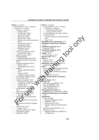 ALPHABETICAL INDEX TO DISEASES AND NATURE OF INJURY

tra

in

in

g

to
o

lo
nl
y

Human––continued
– immunodeficiency virus––continued
– – resulting in––continued
– – – viral infection NEC B20.3
– – – wasting syndrome B22.2
– T-cell lymphotropic virus type-1 (HTLV1) infection B33.3
– – as cause of disease classified elsewhere
B97.3
– – carrier Z22.6
Humidifier lung or pneumonitis J67.7
Humiliation (experience) in childhood
Z61.3
Humpback (acquired) M40.2
– congenital Q76.4
Hunchback (acquired) M40.2
– congenital Q76.4
Hunger T73.0
– air, psychogenic F45.3
Hunner's ulcer N30.1
Hunter's
– glossitis D51.0
– syndrome E76.1
Huntington's disease or chorea G10
– with dementia G10† F02.2"
Hunt's
– disease or syndrome (herpetic geniculate
ganglionitis) B02.2† G53.0"
– – dyssynergia cerebellaris myoclonica
G11.1
– neuralgia B02.2† G53.0"
Hurler(-Scheie) disease or syndrome
E76.0
Hurst's disease G36.1
Hurthle cell
– adenocarcinoma (M8290/3) C73
– adenoma (M8290/0) D34
– carcinoma (M8290/3) C73
– tumor (M8290/0) D34
Hutchinson-Boeck disease or
syndrome (see also Sarcoidosis) D86.9
Hutchinson-Gilford disease or syndrome
E34.8
Hutchinson's
– disease meaning
– – angioma serpiginosum L81.7
– – pompholyx L30.1
– – prurigo estivalis L56.4
– – summer eruption or summer prurigo
L56.4
– melanotic freckle (M8742/2) – see
Melanoma, in situ
– – malignant melanoma in (M8742/3) –
see Melanoma

Fo

ru

se

w

ith

Human––continued
– immunodeficiency virus––continued
– – resulting in––continued
– – – infection––continued
– – – – multiple B20.7
– – – – mycobacterial B20.0
– – – – mycotic NEC B20.5
– – – – papovavirus B20.3
– – – – parasitic NEC B20.8
– – – – Pneumocystis carinii (pneumonia)
B20.6
– – – – Pneumocystis jirovecii
(pneumonia) B20.6
– – – – specified NEC B20.8
– – – – tuberculous B20.0
– – – – viral NEC B20.3
– – – infectious disease NEC B20.9
– – – – specified NEC B20.8
– – – Kaposi's sarcoma B21.0
– – – lymphadenopathy
– – – – generalized (persistent) B23.1
– – – lymphoid interstitial pneumonitis
B22.1
– – – lymphoma (malignant) B21.2
– – – – Burkitt's B21.1
– – – – non-Hodgkin's NEC B21.2
– – – multiple
– – – – diseases classified elsewhere
B22.7
– – – – infections B20.7
– – – – malignant neoplasms B21.7
– – – mycobacterial infection B20.0
– – – mycosis NEC B20.5
– – – neoplasm, malignant B21.9
– – – – hematopoietic tissue NEC B21.3
– – – – lymphoid tissue NEC B21.3
– – – – multiple B21.7
– – – – specified NEC B21.8
– – – non-Hodgkin's lymphoma NEC
B21.2
– – – papovavirus infection B20.3
– – – parasitic disease NEC B20.9
– – – – specified NEC B20.8
– – – Pneumocystis carinii pneumonia
B20.6
– – – Pneumocystis jirovecii pneumonia
B20.6
– – – pneumonitis, interstitial, lymphoid
B22.1
– – – sarcoma NEC B21.9
– – – – Kaposi's B21.0
– – – specified condition NEC B23.8
– – – toxoplasmosis B20.8
– – – tuberculosis B20.0

325

 