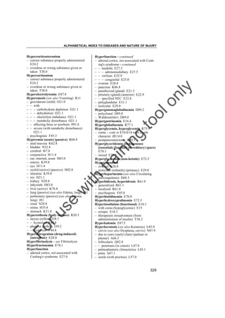 ALPHABETICAL INDEX TO DISEASES AND NATURE OF INJURY

tra

in

in

g

to
o

lo
nl
y

Hyperfunction––continued
– adrenal cortex, not associated with Cushing's syndrome––continued
– – medulla E27.5
– – – adrenomedullary E27.5
– – virilism E25.9
– – – congenital E25.0
– ovarian E28.8
– pancreas K86.8
– parathyroid (gland) E21.3
– pituitary (gland) (anterior) E22.9
– – specified NEC E22.8
– polyglandular E31.1
– testicular E29.0
Hypergammaglobulinemia D89.2
– polyclonal D89.0
– Waldenström's D89.0
Hypergastrinemia E16.4
Hyperglobulinemia R77.1
Hyperglycemia, hyperglycemic R73.9
– coma – code to E10-E14 with fourth
character .0E14.0
– postpancreatectomy E89.1
Hyperglyceridemia (endogenous)
(essential) (familial) (hereditary) (pure)
E78.1
– mixed E78.3
Hyperglycinemia (non-ketotic) E72.5
Hypergonadism
– ovarian E28.8
– testicular (infantile) (primary) E29.0
Hyperheparinemia (see also Circulating
anticoagulants) D68.3
Hyperhidrosis, hyperidrosis R61.9
– generalized R61.1
– localized R61.0
– psychogenic F45.8
Hyperhistidinemia E70.8
Hyperhydroxyprolinemia E72.5
Hyperinsulinism (functional) E16.1
– with coma (hypoglycemic) E15
– ectopic E16.1
– therapeutic misadventure (from
administration of insulin) T38.3
Hyperkalemia E87.5
Hyperkeratosis (see also Keratosis) L85.9
– cervix (see also Dysplasia, cervix) N87.9
– due to yaws (early) (late) (palmar or
plantar) A66.3
– follicularis Q82.8
– – penetrans (in cutem) L87.0
– palmoplantaris climacterica L85.1
– pinta A67.1
– senile (with pruritus) L57.0

Fo

ru

se

w

ith

Hypercorticosteronism
– correct substance properly administered
E24.2
– overdose or wrong substance given or
taken T38.0
Hypercortisonism
– correct substance properly administered
E24.2
– overdose or wrong substance given or
taken T38.0
Hyperelectrolytemia E87.8
Hyperemesis (see also Vomiting) R11
– gravidarum (mild) O21.0
– – with
– – – carbohydrate depletion O21.1
– – – dehydration O21.1
– – – electrolyte imbalance O21.1
– – – metabolic disturbance O21.1
– – affecting fetus or newborn P01.8
– – severe (with metabolic disturbance)
O21.1
– psychogenic F45.3
Hyperemia (acute) (passive) R68.8
– anal mucosa K62.8
– bladder N32.8
– cerebral I67.8
– conjunctiva H11.4
– ear, internal, acute H83.0
– enteric K59.8
– eye H11.4
– eyelid (active) (passive) H02.8
– intestine K59.8
– iris H21.1
– kidney N28.8
– labyrinth H83.0
– liver (active) K76.8
– lung (passive) (see also Edema, lung) J81
– pulmonary (passive) (see also Edema,
lung) J81
– renal N28.8
– retina H35.8
– stomach K31.8
Hyperesthesia (body surface) R20.3
– larynx (reflex) J38.7
– – hysterical F44.8
– pharynx (reflex) J39.2
– – hysterical F44.8
Hyperestrogenism (drug-induced)
(iatrogenic) E28.0
Hyperfibrinolysis – see Fibrinolysis
Hyperfructosemia E74.1
Hyperfunction
– adrenal cortex, not associated with
Cushing's syndrome E27.0

329

 