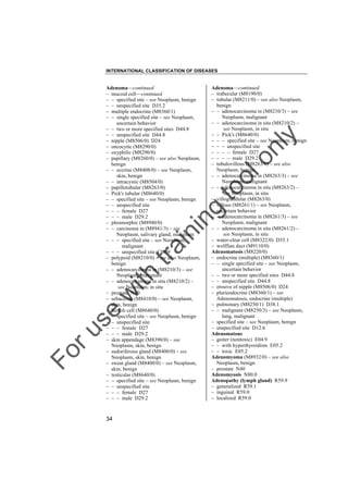 INTERNATIONAL CLASSIFICATION OF DISEASES

to
o

lo
nl
y

Adenoma––continued
– trabecular (M8190/0)
– tubular (M8211/0) – see also Neoplasm,
benign
– – adenocarcinoma in (M8210/3) – see
Neoplasm, malignant
– – adenocarcinoma in situ (M8210/2) –
see Neoplasm, in situ
– – Pick's (M8640/0)
– – – specified site – see Neoplasm, benign
– – – unspecified site
– – – – female D27
– – – – male D29.2
– tubulovillous (M8263/0) – see also
Neoplasm, benign
– – adenocarcinoma in (M8263/3) – see
Neoplasm, malignant
– – adenocarcinoma in situ (M8263/2) –
see Neoplasm, in situ
– villoglandular (M8263/0)
– villous (M8261/1) – see Neoplasm,
uncertain behavior
– – adenocarcinoma in (M8261/3) – see
Neoplasm, malignant
– – adenocarcinoma in situ (M8261/2) –
see Neoplasm, in situ
– water-clear cell (M8322/0) D35.1
– wolffian duct (M9110/0)
Adenomatosis (M8220/0)
– endocrine (multiple) (M8360/1)
– – single specified site – see Neoplasm,
uncertain behavior
– – two or more specified sites D44.8
– – unspecified site D44.8
– erosive of nipple (M8506/0) D24
– pluriendocrine (M8360/1) – see
Adenomatosis, endocrine (multiple)
– pulmonary (M8250/1) D38.1
– – malignant (M8250/3) – see Neoplasm,
lung, malignant
– specified site – see Neoplasm, benign
– unspecified site D12.6
Adenomatous
– goiter (nontoxic) E04.9
– – with hyperthyroidism E05.2
– – toxic E05.2
Adenomyoma (M8932/0) – see also
Neoplasm, benign
– prostate N40
Adenomyosis N80.0
Adenopathy (lymph gland) R59.9
– generalized R59.1
– inguinal R59.0
– localized R59.0

Fo

ru

se

w

ith

tra

in

in

g

Adenoma––continued
– mucoid cell––continued
– – specified site – see Neoplasm, benign
– – unspecified site D35.2
– multiple endocrine (M8360/1)
– – single specified site – see Neoplasm,
uncertain behavior
– – two or more specified sites D44.8
– – unspecified site D44.8
– nipple (M8506/0) D24
– oncocytic (M8290/0)
– oxyphilic (M8290/0)
– papillary (M8260/0) – see also Neoplasm,
benign
– – eccrine (M8408/0) – see Neoplasm,
skin, benign
– – intracystic (M8504/0)
– papillotubular (M8263/0)
– Pick's tubular (M8640/0)
– – specified site – see Neoplasm, benign
– – unspecified site
– – – female D27
– – – male D29.2
– pleomorphic (M8940/0)
– – carcinoma in (M8941/3) – see
Neoplasm, salivary gland, malignant
– – – specified site – see Neoplasm,
malignant
– – – unspecified site C08.9
– polypoid (M8210/0) – see also Neoplasm,
benign
– – adenocarcinoma in (M8210/3) – see
Neoplasm, malignant
– – adenocarcinoma in situ (M8210/2) –
see Neoplasm, in situ
– prostate N40
– sebaceous (M8410/0) – see Neoplasm,
skin, benign
– Sertoli cell (M8640/0)
– – specified site – see Neoplasm, benign
– – unspecified site
– – – female D27
– – – male D29.2
– skin appendage (M8390/0) – see
Neoplasm, skin, benign
– sudoriferous gland (M8400/0) – see
Neoplasm, skin, benign
– sweat gland (M8400/0) – see Neoplasm,
skin, benign
– testicular (M8640/0)
– – specified site – see Neoplasm, benign
– – unspecified site
– – – female D27
– – – male D29.2

34

 