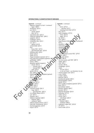 INTERNATIONAL CLASSIFICATION OF DISEASES

to
o

lo
nl
y

Agenesis––continued
– leg
– – lower Q72.8
– – – and foot Q72.2
– – meaning lower limb Q72.0
– lens Q12.3
– limb (complete) Q73.0
– – lower Q72.0
– – upper Q71.0
– lip Q38.0
– liver Q44.7
– lung (fissure) (lobe) (bilateral) (unilateral)
Q33.3
– mandible, maxilla K07.0
– metacarpus Q71.3
– metatarsus Q72.3
– muscle Q79.8
– – eyelid Q10.3
– – ocular Q15.8
– musculoskeletal system NEC Q79.8
– nail(s) Q84.3
– neck, part Q18.8
– nerve Q07.8
– nervous system, part NEC Q07.8
– nipple Q83.2
– nose Q30.1
– nuclear Q07.8
– oesophagus Q39.8
– organ
– – of Corti Q16.5
– – or site not listed – see Anomaly, by site
– osseous meatus (ear) Q16.1
– ovary Q50.0
– oviduct Q50.6
– pancreas Q45.0
– parathyroid (gland) Q89.2
– parotid gland(s) Q38.4
– patella Q74.1
– pelvic girdle (complete) (partial) Q74.2
– penis Q55.5
– pericardium Q24.8
– pituitary (gland) Q89.2
– prostate Q55.4
– punctum lacrimale Q10.4
– radioulnar Q71.8
– radius Q71.4
– rectum Q42.1
– – with fistula Q42.0
– renal Q60.2
– – bilateral Q60.1
– – unilateral Q60.0
– respiratory organ NEC Q34.8
– rib Q76.6
– roof of orbit Q75.8

Fo

ru

se

w

ith

tra

in

in

g

Agenesis––continued
– digestive organ(s) or tract––continued
– – upper Q40.8
– duodenum Q41.0
– ear Q16.9
– – auricle Q16.0
– – lobe Q17.8
– ejaculatory duct Q55.4
– endocrine (gland) NEC Q89.2
– epiglottis Q31.8
– esophagus Q39.8
– eustachian tube Q16.2
– eye Q11.1
– – adnexa Q15.8
– eyelid (fold) Q10.3
– face
– – bones NEC Q75.8
– – specified part NEC Q18.8
– fallopian tube Q50.6
– femur Q72.4
– fibula Q72.6
– finger (complete) (partial) Q71.3
– foot (and toes) (complete) (partial) Q72.3
– gallbladder Q44.0
– gastric Q40.2
– genitalia, genital (organ(s))
– – female Q52.8
– – – external Q52.7
– – – internal NEC Q52.8
– – male Q55.8
– glottis Q31.8
– hair Q84.0
– hand (and fingers) (complete) (partial)
Q71.3
– heart Q24.8
– – valve NEC Q24.8
– hepatic Q44.7
– humerus Q71.8
– hymen Q52.4
– ileum Q41.2
– incus Q16.3
– intestine (small) Q41.9
– – large Q42.9
– – – specified NEC Q42.8
– iris (dilator fibers) Q13.1
– jaw K07.0
– jejunum Q41.1
– kidney(s) (partial) Q60.2
– – bilateral Q60.1
– – unilateral Q60.0
– labium (majus) (minus) Q52.7
– labyrinth, membranous Q16.5
– lacrimal apparatus Q10.4
– larynx Q31.8

38

 