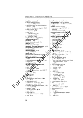 INTERNATIONAL CLASSIFICATION OF DISEASES

to
o

lo
nl
y

Ankylostoma – see Ancylostoma
Ankylostomiasis – see Ancylostoma
Ankylurethria (see also Stricture, urethra)
N35.9
Annular – see also condition
– organ or site, congenital NEC – see
Distortion
– pancreas (congenital) Q45.1
Anodontia (complete) (partial) (vera)
K00.0
– acquired K08.1
Anomaly, anomalous (congenital)
(unspecified type) Q89.9
– abdominal wall NEC Q79.5
– acoustic nerve Q07.8
– adrenal (gland) Q89.1
– Alder's D72.0
– alimentary tract Q45.9
– – upper Q40.9
– ankle (joint) Q74.2
– anus Q43.9
– aorta (arch) NEC Q25.4
– – coarctation (preductal) (postductal)
Q25.1
– aortic cusp or valve NEC Q23.9
– appendix Q43.8
– apple peel syndrome Q41.1
– aqueduct of Sylvius Q03.0
– – with spina bifida (see also Spina bifida,
with hydrocephalus) Q05.4
– arm Q74.0
– artery (peripheral) Q27.9
– – basilar NEC Q28.1
– – cerebral Q28.3
– – coronary Q24.5
– – eye Q15.8
– – great Q25.9
– – – specified NEC Q25.8
– – peripheral Q27.9
– – – specified NEC Q27.8
– – pulmonary NEC Q25.7
– – retina Q14.1
– – vertebral NEC Q28.1
– aryteno-epiglottic folds Q31.8
– atrial
– – bands or folds Q20.8
– – septa Q21.1
– atrioventricular excitation I45.6
– auditory canal Q17.8
– auricle
– – ear Q17.8
– – – causing impairment of hearing
Q16.9
– – heart Q20.8

Fo

ru

se

w

ith

tra

in

in

g

Angulation––continued
– sacrum (acquired) M43.8
– – congenital NEC Q76.4
– sigmoid (flexure) (see also Obstruction,
intestine) K56.6
– spine (see also Curvature, spine) M43.8
– tibia (acquired) M21.8
– – congenital Q74.2
– ureter N13.5
– – with infection N13.6
– wrist (acquired) M21.8
– – congenital Q74.0
Angulus infectiosus (lips) K13.0
Anhedonia (sexual) F52.1
Anhidrosis L74.4
Anhydration, anhydremia E86
Anidrosis L74.4
Aniridia (congenital) Q13.1
Anisakiasis (infection) (infestation) B81.0
Anisakis larvae infestation B81.0
Aniseikonia H52.3
Anisocoria (pupil) H57.0
– congenital Q13.2
Anisocytosis R71
Anisometropia (congenital) H52.3
Ankle – see condition
Ankyloblepharon (eyelid) (acquired)
H02.5
– filiforme (adnatum) (congenital) Q10.3
– total Q10.3
Ankyloglossia Q38.1
Ankylosis (fibrous) (osseous) (joint)
M24.6
– ankle M24.6
– arthrodesis status Z98.1
– cricoarytenoid (cartilage) (larynx) J38.7
– dental K03.5
– ear ossicles H74.3
– elbow M24.6
– finger M24.6
– hip M24.6
– incudostapedial (infectional) H74.3
– knee M24.6
– lumbosacral M43.2
– multiple sites, except spine M24.6
– postoperative (status) Z98.1
– produced by surgical fusion, status Z98.1
– sacro-iliac M43.2
– shoulder M24.6
– specified site NEC M24.6
– spine M43.2
– surgical M24.6
– tooth, teeth (hard tissues) K03.5
– wrist M24.6

52

 