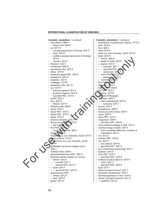 INTERNATIONAL CLASSIFICATION OF DISEASES

to
o

lo
nl
y

Anomaly, anomalous––continued
– granulation or granulocyte, genetic D72.0
– gum Q38.6
– hair Q84.2
– hand Q74.0
– head (see also Anomaly, skull) Q75.9
– heart Q24.9
– – auricle Q20.8
– – bands or folds Q24.8
– – septum Q21.9
– – – auricular Q21.1
– – – specified NEC Q21.8
– – – ventricular Q21.0
– – valve NEC Q24.8
– – – pulmonary Q22.3
– – ventricle Q20.8
– heel NEC Q74.2
– Hegglin's D72.0
– hepatic duct Q44.5
– hip NEC Q74.2
– humerus Q74.0
– hydatid of Morgagni
– – female Q50.5
– – male (epididymal) Q55.4
– – – testicular Q55.2
– hymen Q52.4
– hypophyseal Q89.2
– ileocecal (coil) (valve) Q43.9
– ileum Q43.9
– ilium NEC Q74.2
– integument Q84.9
– – specified NEC Q84.8
– intervertebral cartilage or disk Q76.4
– intestine (large) (small) Q43.9
– – with anomalous adhesions, fixation or
malrotation Q43.3
– iris Q13.2
– ischium NEC Q74.2
– jaw K07.9
– – size (major) K07.0
– – specified NEC K07.8
– jaw-cranial base relationship K07.1
– jejunum Q43.8
– joint NEC Q74.9
– – specified NEC Q74.8
– kidney(s) (calyx) (pelvis) Q63.9
– – artery Q27.2
– – specified NEC Q63.8
– knee Q74.1
– labium (majus) (minus) Q52.7
– labyrinth, membranous Q16.5
– lacrimal apparatus or duct Q10.6
– larynx, laryngeal (muscle) Q31.9
– – web(bed) Q31.0

Fo

ru

se

w

ith

tra

in

in

g

Anomaly, anomalous––continued
– dura (brain) Q04.9
– – spinal cord Q06.9
– ear Q17.9
– – causing impairment of hearing Q16.9
– – inner Q16.5
– – middle (causing impairment of hearing)
Q16.4
– – ossicles Q16.3
– Ebstein's Q22.5
– ectodermal Q82.9
– ejaculatory duct Q55.4
– elbow Q74.0
– endocrine gland NEC Q89.2
– epididymis Q55.4
– epiglottis Q31.8
– esophagus Q39.9
– eustachian tube Q17.8
– eye Q15.9
– – anterior segment Q13.9
– – posterior segment Q14.9
– – specified NEC Q15.8
– eyelid Q10.3
– face Q18.9
– – bone(s) Q75.9
– fallopian tube Q50.6
– fascia Q79.9
– femur NEC Q74.2
– fibula NEC Q74.2
– finger Q74.0
– fixation, intestine Q43.3
– flexion (joint) NEC Q74.9
– – hip or thigh Q65.8
– foot NEC Q74.2
– – varus (congenital) Q66.3
– forearm Q74.0
– forehead (see also Anomaly, skull) Q75.8
– fovea centralis Q14.1
– frontal bone (see also Anomaly, skull)
Q75.9
– gallbladder (position) (shape) (size)
Q44.1
– Gartner's duct Q50.6
– gastrointestinal tract NEC Q45.9
– genitalia, genital organ(s) or system
– – female Q52.9
– – – external Q52.7
– – – internal NEC Q52.9
– – male Q55.9
– – – specified NEC Q55.8
– genitourinary NEC
– – female Q52.9
– – male Q55.9
– glottis Q31.8

54

 