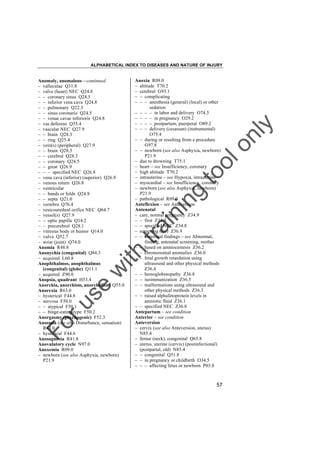 ALPHABETICAL INDEX TO DISEASES AND NATURE OF INJURY

tra

in

in

g

to
o

lo
nl
y

Anoxia R09.0
– altitude T70.2
– cerebral G93.1
– – complicating
– – – anesthesia (general) (local) or other
sedation
– – – – in labor and delivery O74.3
– – – – in pregnancy O29.2
– – – – postpartum, puerperal O89.2
– – – delivery (cesarean) (instrumental)
O75.4
– – during or resulting from a procedure
G97.8
– – newborn (see also Asphyxia, newborn)
P21.9
– due to drowning T75.1
– heart – see Insufficiency, coronary
– high altitude T70.2
– intrauterine – see Hypoxia, intrauterine
– myocardial – see Insufficiency, coronary
– newborn (see also Asphyxia, newborn)
P21.9
– pathological R09.0
Anteflexion – see Anteversion
Antenatal
– care, normal pregnancy Z34.9
– – first Z34.0
– – specified NEC Z34.8
– screening (for) Z36.9
– – abnormal findings – see Abnormal,
finding, antenatal screening, mother
– – based on amniocentesis Z36.2
– – chromosomal anomalies Z36.0
– – fetal growth retardation using
ultrasound and other physical methods
Z36.4
– – hemoglobinopathy Z36.8
– – isoimmunization Z36.5
– – malformations using ultrasound and
other physical methods Z36.3
– – raised alphafetoprotein levels in
amniotic fluid Z36.1
– – specified NEC Z36.8
Antepartum – see condition
Anterior – see condition
Anteversion
– cervix (see also Anteversion, uterus)
N85.4
– femur (neck), congenital Q65.8
– uterus, uterine (cervix) (postinfectional)
(postpartal, old) N85.4
– – congenital Q51.8
– – in pregnancy or childbirth O34.5
– – – affecting fetus or newborn P03.8

Fo

ru

se

w

ith

Anomaly, anomalous––continued
– valleculae Q31.8
– valve (heart) NEC Q24.8
– – coronary sinus Q24.5
– – inferior vena cava Q24.8
– – pulmonary Q22.3
– – sinus coronario Q24.5
– – venae cavae inferioris Q24.8
– vas deferens Q55.4
– vascular NEC Q27.9
– – brain Q28.3
– – ring Q25.4
– vein(s) (peripheral) Q27.9
– – brain Q28.3
– – cerebral Q28.3
– – coronary Q24.5
– – great Q26.9
– – – specified NEC Q26.8
– vena cava (inferior) (superior) Q26.9
– venous return Q26.8
– ventricular
– – bands or folds Q24.8
– – septa Q21.0
– vertebra Q76.4
– vesicourethral orifice NEC Q64.7
– vessel(s) Q27.9
– – optic papilla Q14.2
– – precerebral Q28.1
– vitreous body or humor Q14.0
– vulva Q52.7
– wrist (joint) Q74.0
Anomia R48.8
Anonychia (congenital) Q84.3
– acquired L60.8
Anophthalmos, anophthalmus
(congenital) (globe) Q11.1
– acquired Z90.0
Anopsia, quadrant H53.4
Anorchia, anorchism, anorchidism Q55.0
Anorexia R63.0
– hysterical F44.8
– nervosa F50.0
– – atypical F50.1
– – binge-eating type F50.2
Anorgasmy (psychogenic) F52.3
Anosmia (see also Disturbance, sensation)
R43.0
– hysterical F44.6
Anosognosia R41.8
Anovulatory cycle N97.0
Anoxemia R09.0
– newborn (see also Asphyxia, newborn)
P21.9

57

 