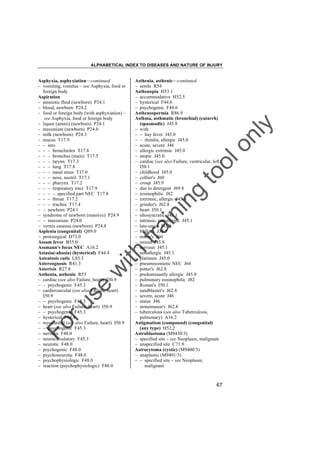 ALPHABETICAL INDEX TO DISEASES AND NATURE OF INJURY

tra

in

in

g

to
o

lo
nl
y

Asthenia, asthenic––continued
– senile R54
Asthenopia H53.1
– accommodative H52.5
– hysterical F44.6
– psychogenic F44.6
Asthenospermia R86.9
Asthma, asthmatic (bronchial) (catarrh)
(spasmodic) J45.9
– with
– – hay fever J45.0
– – rhinitis, allergic J45.0
– acute, severe J46
– allergic extrinsic J45.0
– atopic J45.0
– cardiac (see also Failure, ventricular, left)
I50.1
– childhood J45.0
– collier's J60
– croup J45.9
– due to detergent J69.8
– eosinophilic J82
– extrinsic, allergic J45.0
– grinder's J62.8
– heart I50.1
– idiosyncratic J45.1
– intrinsic, nonallergic J45.1
– late-onset J45.9
– Millar's J38.5
– miner's J60
– mixed J45.8
– nervous J45.1
– nonallergic J45.1
– platinum J45.0
– pneumoconiotic NEC J64
– potter's J62.8
– predominantly allergic J45.0
– pulmonary eosinophilic J82
– Rostan's I50.1
– sandblaster's J62.8
– severe, acute J46
– status J46
– stonemason's J62.8
– tuberculous (see also Tuberculosis,
pulmonary) A16.2
Astigmatism (compound) (congenital)
(any type) H52.2
Astroblastoma (M9430/3)
– specified site – see Neoplasm, malignant
– unspecified site C71.9
Astrocytoma (cystic) (M9400/3)
– anaplastic (M9401/3)
– – specified site – see Neoplasm,
malignant

Fo

ru

se

w

ith

Asphyxia, asphyxiation––continued
– vomiting, vomitus – see Asphyxia, food or
foreign body
Aspiration
– amniotic fluid (newborn) P24.1
– blood, newborn P24.2
– food or foreign body (with asphyxiation) –
see Asphyxia, food or foreign body
– liquor (amnii) (newborn) P24.1
– meconium (newborn) P24.0
– milk (newborn) P24.3
– mucus T17.9
– – into
– – – bronchioles T17.8
– – – bronchus (main) T17.5
– – – larynx T17.3
– – – lung T17.8
– – – nasal sinus T17.0
– – – nose, nostril T17.1
– – – pharynx T17.2
– – – respiratory tract T17.9
– – – – specified part NEC T17.8
– – – throat T17.2
– – – trachea T17.4
– – newborn P24.1
– syndrome of newborn (massive) P24.9
– – meconium P24.0
– vernix caseosa (newborn) P24.8
Asplenia (congenital) Q89.0
– postsurgical D73.0
Assam fever B55.0
Assmann's focus NEC A16.2
Astasia(-abasia) (hysterical) F44.4
Asteatosis cutis L85.3
Astereognosis R41.3
Asterixis R27.8
Asthenia, asthenic R53
– cardiac (see also Failure, heart) I50.9
– – psychogenic F45.3
– cardiovascular (see also Failure, heart)
I50.9
– – psychogenic F45.3
– heart (see also Failure, heart) I50.9
– – psychogenic F45.3
– hysterical F44.4
– myocardial (see also Failure, heart) I50.9
– – psychogenic F45.3
– nervous F48.0
– neurocirculatory F45.3
– neurotic F48.0
– psychogenic F48.0
– psychoneurotic F48.0
– psychophysiologic F48.0
– reaction (psychophysiologic) F48.0

67

 