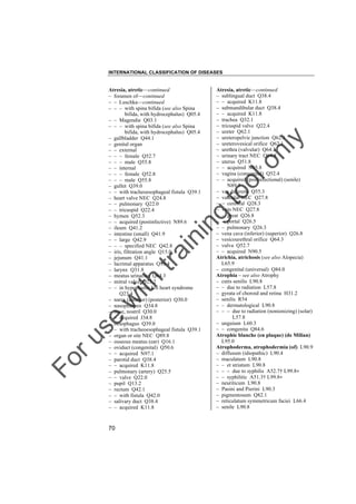 INTERNATIONAL CLASSIFICATION OF DISEASES

to
o

lo
nl
y

Atresia, atretic––continued
– sublingual duct Q38.4
– – acquired K11.8
– submandibular duct Q38.4
– – acquired K11.8
– trachea Q32.1
– tricuspid valve Q22.4
– ureter Q62.1
– ureteropelvic junction Q62.1
– ureterovesical orifice Q62.1
– urethra (valvular) Q64.3
– urinary tract NEC Q64.8
– uterus Q51.8
– – acquired N85.8
– vagina (congenital) Q52.4
– – acquired (postinfectional) (senile)
N89.5
– vas deferens Q55.3
– vascular NEC Q27.8
– – cerebral Q28.3
– vein NEC Q27.8
– – great Q26.8
– – portal Q26.5
– – pulmonary Q26.3
– vena cava (inferior) (superior) Q26.8
– vesicourethral orifice Q64.3
– vulva Q52.7
– – acquired N90.5
Atrichia, atrichosis (see also Alopecia)
L65.9
– congenital (universal) Q84.0
Atrophia – see also Atrophy
– cutis senilis L90.8
– – due to radiation L57.8
– gyrata of choroid and retina H31.2
– senilis R54
– – dermatological L90.8
– – – due to radiation (nonionizing) (solar)
L57.8
– unguium L60.3
– – congenita Q84.6
Atrophie blanche (en plaque) (de Milian)
L95.0
Atrophoderma, atrophodermia (of) L90.9
– diffusum (idiopathic) L90.4
– maculatum L90.8
– – et striatum L90.8
– – – due to syphilis A52.7† L99.8"
– – syphilitic A51.3† L99.8"
– neuriticum L90.8
– Pasini and Pierini L90.3
– pigmentosum Q82.1
– reticulatum symmetricum faciei L66.4
– senile L90.8

Fo

ru

se

w

ith

tra

in

in

g

Atresia, atretic––continued
– foramen of––continued
– – Luschka––continued
– – – with spina bifida (see also Spina
bifida, with hydrocephalus) Q05.4
– – Magendie Q03.1
– – – with spina bifida (see also Spina
bifida, with hydrocephalus) Q05.4
– gallbladder Q44.1
– genital organ
– – external
– – – female Q52.7
– – – male Q55.8
– – internal
– – – female Q52.8
– – – male Q55.8
– gullet Q39.0
– – with tracheoesophageal fistula Q39.1
– heart valve NEC Q24.8
– – pulmonary Q22.0
– – tricuspid Q22.4
– hymen Q52.3
– – acquired (postinfective) N89.6
– ileum Q41.2
– intestine (small) Q41.9
– – large Q42.9
– – – specified NEC Q42.8
– iris, filtration angle Q15.0
– jejunum Q41.1
– lacrimal apparatus Q10.4
– larynx Q31.8
– meatus urinarius Q64.3
– mitral valve Q23.2
– – in hypoplastic left heart syndrome
Q23.4
– nares (anterior) (posterior) Q30.0
– nasopharynx Q34.8
– nose, nostril Q30.0
– – acquired J34.8
– oesophagus Q39.0
– – with tracheoesophageal fistula Q39.1
– organ or site NEC Q89.8
– osseous meatus (ear) Q16.1
– oviduct (congenital) Q50.6
– – acquired N97.1
– parotid duct Q38.4
– – acquired K11.8
– pulmonary (artery) Q25.5
– – valve Q22.0
– pupil Q13.2
– rectum Q42.1
– – with fistula Q42.0
– salivary duct Q38.4
– – acquired K11.8

70

 