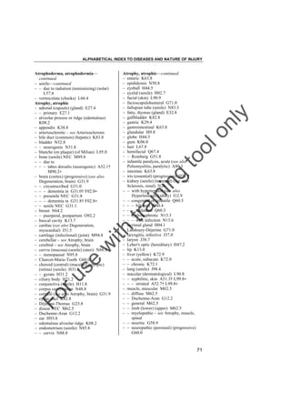 ALPHABETICAL INDEX TO DISEASES AND NATURE OF INJURY

tra

in

in

g

to
o

lo
nl
y

Atrophy, atrophic––continued
– enteric K63.8
– epididymis N50.8
– eyeball H44.5
– eyelid (senile) H02.7
– facial (skin) L90.9
– facioscapulohumeral G71.0
– fallopian tube (senile) N83.3
– fatty, thymus (gland) E32.8
– gallbladder K82.8
– gastric K29.4
– gastrointestinal K63.8
– glandular I89.8
– globe H44.5
– gum K06.0
– hair L67.8
– hemifacial Q67.4
– – Romberg G51.8
– infantile paralysis, acute (see also
Poliomyelitis, paralytic) A80.3
– intestine K63.8
– iris (essential) (progressive) H21.2
– kidney (senile) (terminal) (see also
Sclerosis, renal) N26
– – with hypertension (see also
Hypertension, kidney) I12.9
– – congenital or infantile Q60.5
– – – bilateral Q60.4
– – – unilateral Q60.3
– – hydronephrotic N13.3
– – – with infection N13.6
– lacrimal gland H04.1
– Landouzy-Déjerine G71.0
– laryngitis, infective J37.0
– larynx J38.7
– Leber's optic (hereditary) H47.2
– lip K13.0
– liver (yellow) K72.9
– – acute, subacute K72.0
– – chronic K72.1
– lung (senile) J98.4
– macular (dermatological) L90.8
– – syphilitic, skin A51.3† L99.8"
– – – striated A52.7† L99.8"
– muscle, muscular M62.5
– – diffuse M62.5
– – Duchenne-Aran G12.2
– – general M62.5
– – limb (lower) (upper) M62.5
– – myelopathic – see Atrophy, muscle,
spinal
– – neuritic G58.9
– – neuropathic (peroneal) (progressive)
G60.0

Fo

ru

se

w

ith

Atrophoderma, atrophodermia––
continued
– senile––continued
– – due to radiation (nonionizing) (solar)
L57.8
– vermiculata (cheeks) L66.4
Atrophy, atrophic
– adrenal (capsule) (gland) E27.4
– – primary E27.1
– alveolar process or ridge (edentulous)
K08.2
– appendix K38.8
– arteriosclerotic – see Arteriosclerosis
– bile duct (common) (hepatic) K83.8
– bladder N32.8
– – neurogenic N31.8
– blanche (en plaque) (of Milian) L95.0
– bone (senile) NEC M89.8
– – due to
– – – tabes dorsalis (neurogenic) A52.1†
M90.2"
– brain (cortex) (progressive) (see also
Degeneration, brain) G31.9
– – circumscribed G31.0
– – – dementia in G31.0† F02.0"
– – presenile NEC G31.8
– – – dementia in G31.8† F02.8"
– – senile NEC G31.1
– breast N64.2
– – puerperal, postpartum O92.2
– buccal cavity K13.7
– cardiac (see also Degeneration,
myocardial) I51.5
– cartilage (infectional) (joint) M94.8
– cerebellar – see Atrophy, brain
– cerebral – see Atrophy, brain
– cervix (mucosa) (senile) (uteri) N88.8
– – menopausal N95.8
– Charcot-Marie-Tooth G60.0
– choroid (central) (macular) (myopic)
(retina) (senile) H31.1
– – gyrate H31.2
– ciliary body H21.2
– conjunctiva (senile) H11.8
– corpus cavernosum N48.8
– cortical (see also Atrophy, brain) G31.9
– cystic duct K82.8
– Déjerine-Thomas G23.8
– disuse NEC M62.5
– Duchenne-Aran G12.2
– ear H93.8
– edentulous alveolar ridge K08.2
– endometrium (senile) N85.8
– – cervix N88.8

71

 