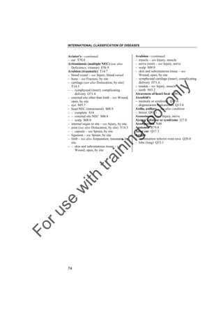 INTERNATIONAL CLASSIFICATION OF DISEASES

to
o

lo
nl
y

Avulsion––continued
– muscle – see Injury, muscle
– nerve (root) – see Injury, nerve
– scalp S08.0
– skin and subcutaneous tissue – see
Wound, open, by site
– symphyseal cartilage (inner), complicating
delivery O71.6
– tendon – see Injury, muscle
– tooth S03.2
Awareness of heart beat R00.2
Axenfeld's
– anomaly or syndrome Q15.0
– degeneration (calcareous) Q13.4
Axilla, axillary – see also condition
– breast Q83.1
Axonotmesis – see Injury, nerve
Ayerza's disease or syndrome I27.0
Azoospermia N46
Azotemia R79.8
Aztec ear Q17.3
Azygos
– continuation inferior vena cava Q26.8
– lobe (lung) Q33.1

Fo

ru

se

w

ith

tra

in

in

g

Aviator's––continued
– ear T70.0
Avitaminosis (multiple NEC) (see also
Deficiency, vitamin) E56.9
Avulsion (traumatic) T14.7
– blood vessel – see Injury, blood vessel
– bone – see Fracture, by site
– cartilage (see also Dislocation, by site)
T14.3
– – symphyseal (inner), complicating
delivery O71.6
– external site other than limb – see Wound,
open, by site
– eye S05.7
– head NEC (intracranial) S08.9
– – complete S18
– – external site NEC S08.8
– – scalp S08.0
– internal organ or site – see Injury, by site
– joint (see also Dislocation, by site) T14.3
– – capsule – see Sprain, by site
– ligament – see Sprain, by site
– limb – see also Amputation, traumatic, by
site
– – skin and subcutaneous tissue – see
Wound, open, by site

74

 
