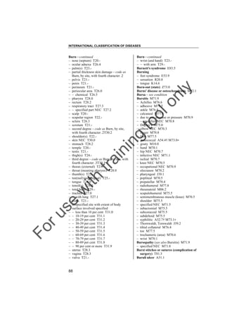 INTERNATIONAL CLASSIFICATION OF DISEASES

to
o

lo
nl
y

Burn––continued
– wrist (and hand) T23.– – with arm T29.Burnett's syndrome E83.5
Burning
– feet syndrome E53.9
– sensation R20.8
– tongue K14.6
Burn-out (state) Z73.0
Burns' disease or osteochondrosis M92.1
Bursa – see condition
Bursitis M71.9
– Achilles M76.6
– adhesive M71.5
– ankle M76.8
– calcaneal M77.5
– due to use, overuse or pressure M70.9
– – specified NEC M70.8
– Duplay's M75.0
– elbow NEC M70.3
– finger M70.8
– foot M77.5
– gonococcal A54.4† M73.0"
– gouty M10.0
– hand M70.1
– hip NEC M70.7
– infective NEC M71.1
– ischial M70.7
– knee NEC M70.5
– occupational NEC M70.9
– olecranon M70.2
– pharyngeal J39.1
– popliteal M70.5
– prepatellar M70.4
– radiohumeral M77.8
– rheumatoid M06.2
– scapulohumeral M75.5
– semimembranous muscle (knee) M70.5
– shoulder M75.5
– specified NEC M71.5
– subacromial M75.5
– subcoracoid M75.5
– subdeltoid M75.5
– syphilitic A52.7† M73.1"
– Thornwaldt, Tornwaldt J39.2
– tibial collateral M76.4
– toe M77.5
– trochanteric (area) M70.6
– wrist M70.1
Bursopathy (see also Bursitis) M71.9
– specified NEC M71.8
Burst stitches or sutures (complication of
surgery) T81.3
Buruli ulcer A31.1

Fo

ru

se

w

ith

tra

in

in

g

Burn––continued
– nose (septum) T20.– ocular adnexa T26.4
– palm(s) T23.– partial thickness skin damage – code as
Burn, by site, with fourth character .2
– pelvis T21.– penis T21.– perineum T21.– periocular area T26.0
– – chemical T26.5
– pharynx T28.0
– rectum T28.2
– respiratory tract T27.3
– – specified part NEC T27.2
– scalp T20.– scapular region T22.– sclera T26.3
– scrotum T21.– second degree – code as Burn, by site,
with fourth character .2T30.2
– shoulder(s) T22.– skin NEC T30.0
– stomach T28.2
– temple T20.– testis T21.– thigh(s) T24.– third degree – code as Burn, by site, with
fourth character .3T30.3
– thorax (external) T21.– throat (meaning pharynx) T28.0
– thumb(s) T23.– toe(nail) (subungual) T25.– tongue T28.0
– tonsil(s) T28.0
– total body T29.– trachea T27.0
– – with lung T27.1
– trunk T21.– unspecified site with extent of body
surface involved specified
– – less than 10 per cent T31.0
– – 10-19 per cent T31.1
– – 20-29 per cent T31.2
– – 30-39 per cent T31.3
– – 40-49 per cent T31.4
– – 50-59 per cent T31.5
– – 60-69 per cent T31.6
– – 70-79 per cent T31.7
– – 80-89 per cent T31.8
– – 90 per cent or more T31.9
– uterus T28.3
– vagina T28.3
– vulva T21.-

88

 