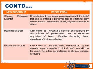Jens Martensson 21
CONTD….
NEW SUBGROUP DESCRIPTION
Olfactory Reference
Disorder
Characterized by persistent preoccupation with the belief
that one is emitting a perceived foul or offensive body
odor or breath, unnoticeable or only slightly noticeable to
others.
Hoarding Disorder Also known as Plyushkin’s disorder characterized by
accumulation of possessions due to excessive
acquisition of items, difficulties discarding them,
regardless of their actual value.
Excoriation Disorder Also known as dermatillomania, characterized by the
repeated urge or impulse to pick at one's own skin, to
the extent that either psychological or physical damage
is caused
 