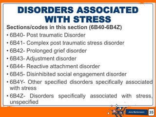 Jens Martensson
Sections/codes in this section (6B40-6B4Z)
• 6B40- Post traumatic Disorder
• 6B41- Complex post traumatic stress disorder
• 6B42- Prolonged grief disorder
• 6B43- Adjustment disorder
• 6B44- Reactive attachment disorder
• 6B45- Disinhibited social engagement disorder
• 6B4Y- Other specified disorders specifically associated
with stress
• 6B4Z- Disorders specifically associated with stress,
unspecified
35
DISORDERS ASSOCIATED
WITH STRESS
 
