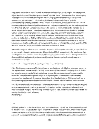 126
Prepubertal patientsmayshowfailure tomake the expectedweightgainduringthe periodof growth.
(b)The weightlossisself-inducedbyavoidance of "fatteningfoods". One ormore of the followingmay
alsobe present:self-inducedvomiting;self-inducedpurging;excessive exercise;use of appetite
suppressantsand/ordiuretics. (c)There isbody-imagedistortioninthe formof a specific
psychopathologywherebyadreadof fatnesspersistsasan intrusive,overvaluedideaandthe patient
imposesalowweightthresholdonhimself orherself. (d)A widespreadendocrine disorderinvolving the
hypothalamic- pituitary - gonadal axisismanifestinwomenasamenorrhoeaandinmenas a lossof
sexual interestandpotency. (Anapparentexceptionisthe persistence of vaginal bleedsinanorexic
womenwhoare receivingreplacementhormonal therapy,mostcommonlytakenasacontraceptive
pill.) There mayalsobe elevatedlevelsof growthhormone,raisedlevelsof cortisol,changesinthe
peripheral metabolismof the thyroidhormone,andabnormalitiesof insulinsecretion. (e)If onsetis
prepubertal,the sequenceof pubertal eventsisdelayedorevenarrested(growthceases;ingirlsthe
breastsdo notdevelopandthere isa primaryamenorrhoea;inboysthe genitalsremainjuvenile). With
recovery,pubertyisoftencompletednormally,butthe menarche islate.
Differential diagnosis. There maybe associateddepressive orobsessionalsymptoms,aswell asfeatures
of a personalitydisorder,whichmaymake differentiationdifficultand/orrequire the use of more than
one diagnosticcode. Somaticcausesof weightlossinyoungpatientsthatmustbe distinguishedinclude
chronicdebilitatingdiseases,braintumors,andintestinal disorderssuchasCrohn'sdisease ora
malabsorptionsyndrome.
Excludes: lossof appetite (R63.0) psychogeniclossof appetite(F50.8)
F50.1 Atypical anorexianervosaThistermshouldbe usedforthose individualsinwhomone ormore of
the keyfeaturesof anorexianervosa(F50.0),suchas amenorrhoeaorsignificantweightloss,isabsent,
but whootherwise presentafairlytypical clinical picture. Suchpeople are usuallyencounteredin
psychiatricliaisonservicesingeneral hospitalsorinprimarycare. Patientswhohave all the key
symptomsbutto onlya milddegree mayalsobe bestdescribedbythisterm. Thistermshouldnotbe
usedforeatingdisordersthatresemble anorexianervosabutthatare due to knownphysical illness.
F50.2 BulimianervosaBulimianervosaisasyndrome characterizedbyrepeatedboutsof overeatingand
an excessivepreoccupationwiththe control of bodyweight,leadingthe patienttoadoptextreme
measuressoas to mitigate the "fattening"effectsof ingestedfood. The termshouldbe restrictedtothe
formof the disorderthatis relatedto
[height(m)]2
- 140-
anorexianervosabyvirtue of sharingthe same psychopathology. The age andsex distributionissimilar
to that of anorexianervosa,butthe age of presentationtendstobe slightlylater. The disordermaybe
viewedasa sequel topersistentanorexianervosa(althoughthe reverse sequence mayalsooccur). A
previouslyanorexicpatientmayfirstappeartoimprove asa resultof weightgainandpossiblyareturn
 