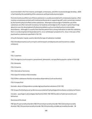 140
recommendedinthe firstinstance,prolonged,unnecessary,andoftenexcessivedosage develops, which
isfacilitatedbythe availabilityof the substanceswithoutmedical prescription.
Persistentandunjustifieduse of thesesubstancesisusuallyassociatedwithunnecessaryexpense,often
involvesunnecessarycontactswithmedical professionals orsupportingstaff,andissometimesmarked
by the harmful physical effectsof the substances. Attemptstodiscourage orforbidthe use of the
substancesare oftenmetwithresistance;forlaxativesandanalgesicsthismaybe inspite of warnings
about(or eventhe developmentof) physical problemssuchasrenal dysfunctionorelectrolyte
disturbances. Althoughitisusuallyclearthatthe patienthasa strong motivationtotake the substance,
there isno developmentof dependence(F1x.2) or withdrawal symptoms(F1x .3) as in the case of the
psychoactive substancesspecifiedinF10-F19.
A fourthcharacter maybe usedto identifythe type of substance involved.
F55.0 Antidepressants(suchastricyclicandtetracyclicantidepressantsandmonamine oxidase
inhibitors)
- 154-
F55.1 Laxatives
F55.2 Analgesics(suchasaspirin,paracetamol,phenacetin,notspecifiedaspsycho-active inF10-F19)
F55.3 Antacids
F55.4 Vitamins
F55.5 Steroidsorhormones
F55.6 Specificherbal orfolkremedies
F55.8 Othersubstancesthatdo not produce dependence (suchasdiuretics)
F55.9 Unspecified
Excludes:abuse of (dependence-producing) psychoactivesubstance (F10-F19)
F59 Unspecifiedbehavioural syndromesassociatedwithphysiological disturbancesandphysical factors
Includes: psychogenicphysiological dysfunctionNOS F60-F69 Disordersof adultpersonalityand
behaviour
Overviewof thisblock
F60 SpecificpersonalitydisordersF60.0 ParanoidpersonalitydisorderF60.1Schizoidpersonality
disorderF60.2 Dissocial personalitydisorderF60.3Emotionallyunstable personalitydisorder .30
 