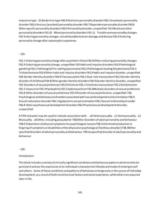141
Impulsive type .31 Borderline type F60.4HistrionicpersonalitydisorderF60.5 Anankasticpersonality
disorderF60.6 Anxious[avoidant] personalitydisorderF60.7DependentpersonalitydisorderF60.8
OtherspecificpersonalitydisordersF60.9 Personalitydisorder,unspecified F61Mixedand other
personalitydisordersF61.01 MixedpersonalitydisordersF61.11 Troublesomepersonalitychanges
F62 Enduringpersonalitychanges,notattributabletobraindamage anddisease F62.0 Enduring
personalitychange aftercatastrophicexperience
- 155-
F62.1 Enduringpersonalitychange afterpsychiatricillnessF62.8Otherenduringpersonalitychanges
F62.9 Enduringpersonalitychange,unspecified F63 Habitand impulse disordersF63.0Pathological
gamblingF63.1 Pathological fire-setting[pyromania] F63.2Pathological stealing[kleptomania] F63.3
TrichotillomaniaF63.8Otherhabitand impulse disordersF63.9Habit and impulse disorder,unspecified
F64 GenderidentitydisordersF64.0TranssexualismF64.1Dual-role transvestismF64.2Genderidentity
disorderof childhoodF64.8OthergenderidentitydisordersF64.9Genderidentitydisorder,unspecified
F65 Disordersof sexual preference F65.0FetishismF65.1FetishistictransvestismF65.2Exhibitionism
F65.3 VoyeurismF65.4PaedophiliaF65.5SadomasochismF65.6Multiple disordersof sexual preference
F65.8 Otherdisordersof sexual preference F65.9Disorderof sexual preference,unspecified F66
Psychological andbehavioural disordersassociatedwithsexualdevelopmentandorientationF66.0
Sexual maturationdisorderF66.1 Egodystonicsexual orientationF66.2Sexual relationshipdisorder
F66.8 Otherpsychosexual developmentdisordersF66.9Psychosexual developmentdisorder,
unspecified
A fifthcharactermay be usedto indicate associationwith: . x0 Heterosexuality .x1 Homosexuality .x2
Bisexuality .x8 Other,includingprepubertal F68Otherdisordersof adultpersonalityandbehaviour
F68.0 Elaborationof physical symptomsforpsychological reasonsF68.1Intentional productionor
feigningof symptomsordisabilitieseitherphysicalorpsychological [factitiousdisorder] F68.8Other
specifieddisordersof adultpersonalityandbehaviour F69 Unspecifieddisorderof adultpersonalityand
behaviour
- 156-
Introduction
Thisblockincludesavarietyof clinicallysignificantconditionsandbehaviourpatternswhichtendtobe
persistentandare the expressionof anindividual'scharacteristiclifestyleandmode of relatingtoself
and others. Some of these conditionsandpatternsof behaviouremergeearlyinthe course of individual
development,asa resultof bothconstitutional factorsandsocial experience,whileothersare acquired
laterinlife.
 