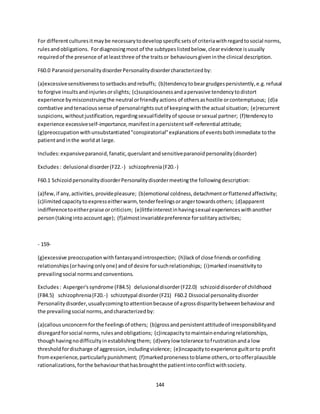 144
For differentculturesitmaybe necessarytodevelopspecificsetsof criteriawithregardtosocial norms,
rulesandobligations. Fordiagnosingmost of the subtypeslistedbelow,clearevidence isusually
requiredof the presence of atleastthree of the traitsor behavioursgiveninthe clinical description.
F60.0 ParanoidpersonalitydisorderPersonalitydisordercharacterizedby:
(a)excessivesensitivenesstosetbacksandrebuffs; (b)tendencytobeargrudgespersistently,e.g.refusal
to forgive insultsandinjuriesorslights; (c)suspiciousnessandapervasive tendencytodistort
experience bymisconstruingthe neutral orfriendlyactions of othersashostile orcontemptuous; (d)a
combative andtenacioussense of personalrightsoutof keepingwiththe actual situation; (e)recurrent
suspicions,withoutjustification,regardingsexualfidelityof spouse orsexual partner; (f)tendencyto
experience excessiveself-importance,manifestinapersistentself-referential attitude;
(g)preoccupationwithunsubstantiated"conspiratorial"explanationsof eventsbothimmediate tothe
patientandinthe worldat large.
Includes:expansiveparanoid,fanatic,querulantandsensitiveparanoidpersonality(disorder)
Excludes: delusional disorder(F22.-) schizophrenia(F20.-)
F60.1 SchizoidpersonalitydisorderPersonalitydisordermeetingthe followingdescription:
(a)few,if any,activities,providepleasure; (b)emotional coldness,detachmentorflattenedaffectivity;
(c)limitedcapacitytoexpresseitherwarm, tenderfeelingsorangertowardsothers; (d)apparent
indifferencetoeitherpraise orcriticism; (e)littleinterestinhavingsexual experienceswithanother
person(takingintoaccountage); (f)almostinvariablepreference forsolitaryactivities;
- 159-
(g)excessive preoccupationwithfantasyandintrospection; (h)lackof close friendsorconfiding
relationships(orhavingonlyone) andof desire forsuchrelationships; (i)markedinsensitivityto
prevailingsocial normsandconventions.
Excludes: Asperger'ssyndrome (F84.5) delusionaldisorder(F22.0) schizoiddisorderof childhood
(F84.5) schizophrenia(F20.-) schizotypal disorder(F21) F60.2 Dissocial personalitydisorder
Personalitydisorder,usuallycomingtoattentionbecause of agrossdisparitybetweenbehaviourand
the prevailingsocial norms,andcharacterizedby:
(a)callousunconcernforthe feelingsof others; (b)grossandpersistentattitudeof irresponsibilityand
disregardforsocial norms,rulesandobligations; (c)incapacitytomaintainenduringrelationships,
thoughhavingnodifficultyinestablishingthem; (d)verylow tolerance tofrustrationanda low
thresholdfordischarge of aggression,includingviolence; (e)incapacitytoexperience guiltorto profit
fromexperience,particularlypunishment; (f)markedpronenesstoblame others,ortoofferplausible
rationalizations,forthe behaviourthathasbroughtthe patientintoconflictwithsociety.
 