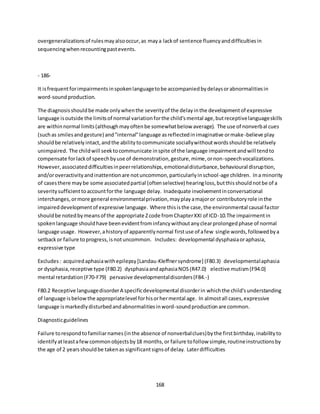 168
overgeneralizationsof rulesmayalsooccur,as maya lackof sentence fluencyanddifficultiesin
sequencingwhenrecountingpastevents.
- 186-
It isfrequentforimpairmentsinspokenlanguagetobe accompaniedbydelaysorabnormalitiesin
word-soundproduction.
The diagnosisshouldbe made onlywhenthe severityof the delayinthe developmentof expressive
language isoutside the limitsof normal variationforthe child'smental age,butreceptivelanguageskills
are withinnormal limits(althoughmayoftenbe somewhatbelow average). The use of nonverbal cues
(suchas smilesandgesture) and"internal"language asreflectedinimaginative ormake-believe play
shouldbe relativelyintact,andthe abilitytocommunicate sociallywithoutwordsshouldbe relatively
unimpaired. The childwill seektocommunicate inspite of the language impairmentandwill tendto
compensate forlackof speechbyuse of demonstration,gesture,mime,ornon-speechvocalizations.
However,associateddifficultiesinpeerrelationships,emotionaldisturbance,behavioural disruption,
and/oroveractivityandinattentionare notuncommon,particularlyinschool-age children. Ina minority
of casesthere maybe some associatedpartial (oftenselective) hearingloss,butthisshouldnotbe of a
severitysufficienttoaccountforthe language delay. Inadequate involvementinconversational
interchanges,ormore general environmentalprivation,mayplayamajoror contributoryrole inthe
impaireddevelopmentof expressive language. Where thisisthe case,the environmental causal factor
shouldbe notedbymeansof the appropriate Zcode fromChapterXXI of ICD-10.The impairmentin
spokenlanguage shouldhave beenevidentfrominfancywithoutanyclearprolongedphase of normal
language usage. However,ahistoryof apparentlynormal firstuse of afew single words,followedbya
setbackor failure toprogress,isnotuncommon. Includes: developmental dysphasiaoraphasia,
expressive type
Excludes: acquiredaphasiawithepilepsy[Landau-Kleffnersyndrome] (F80.3) developmentalaphasia
or dysphasia,receptive type (F80.2) dysphasiaandaphasiaNOS(R47.0) elective mutism(F94.0)
mental retardation(F70-F79) pervasive developmentaldisorders(F84.-)
F80.2 Receptive languagedisorderA specificdevelopmental disorderin whichthe child'sunderstanding
of language isbelowthe appropriatelevel forhisorhermental age. In almostall cases,expressive
language ismarkedlydisturbedandabnormalitiesinword-soundproductionare common.
Diagnosticguidelines
Failure torespondtofamiliarnames(inthe absence of nonverbalclues)bythe firstbirthday,inabilityto
identifyatleastafewcommonobjectsby18 months,or failure tofollow simple,routineinstructionsby
the age of 2 yearsshouldbe takenas significantsignsof delay. Laterdifficulties
 