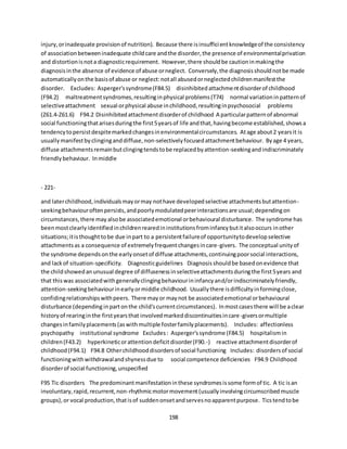 198
injury,orinadequate provisionof nutrition). Because there isinsufficientknowledgeof the consistency
of associationbetweeninadequate childcare andthe disorder,the presence of environmentalprivation
and distortionisnota diagnosticrequirement. However,there shouldbe cautioninmakingthe
diagnosisinthe absence of evidence of abuse orneglect. Conversely,the diagnosisshouldnotbe made
automaticallyonthe basisof abuse or neglect:notall abusedorneglectedchildrenmanifestthe
disorder. Excludes: Asperger'ssyndrome(F84.5) disinhibitedattachmentdisorderof childhood
(F94.2) maltreatmentsyndromes,resultinginphysical problems(T74) normal variationinpatternof
selectiveattachment sexual orphysical abuse inchildhood,resultinginpsychosocial problems
(Z61.4-Z61.6) F94.2 Disinhibitedattachmentdisorderof childhood A particularpatternof abnormal
social functioningthatarisesduringthe first5yearsof life andthat,havingbecome established,showsa
tendencytopersistdespitemarkedchangesinenvironmentalcircumstances. Atage about2 yearsit is
usuallymanifestbyclinginganddiffuse,non-selectivelyfocusedattachmentbehaviour. Byage 4 years,
diffuse attachmentsremainbutclingingtendstobe replacedbyattention-seekingandindiscriminately
friendly behaviour. Inmiddle
- 221-
and laterchildhood,individualsmayormay nothave developedselective attachmentsbutattention-
seekingbehaviouroftenpersists,andpoorlymodulatedpeerinteractionsare usual;dependingon
circumstances,there may alsobe associatedemotional orbehavioural disturbance. The syndrome has
beenmostclearlyidentifiedinchildrenrearedininstitutionsfrominfancybutitalsooccurs inother
situations;itisthoughttobe due inpart to a persistentfailureof opportunitytodevelopselective
attachmentsas a consequence of extremelyfrequentchangesincare-givers. The conceptual unityof
the syndrome dependsonthe earlyonsetof diffuse attachments,continuingpoorsocial interactions,
and lackof situation-specificity. Diagnosticguidelines Diagnosisshouldbe basedonevidence that
the childshowedanunusual degree of diffusenessinselectiveattachmentsduringthe first5years and
that thiswas associatedwithgenerallyclingingbehaviourininfancyand/orindiscriminatelyfriendly,
attention-seekingbehaviourinearlyormiddle childhood. Usuallythere isdifficultyinformingclose,
confidingrelationshipswithpeers. There mayor maynot be associatedemotional orbehavioural
disturbance (depending inpartonthe child'scurrentcircumstances). Inmostcasesthere will be aclear
historyof rearinginthe firstyearsthat involvedmarkeddiscontinuitiesincare-giversormultiple
changesinfamilyplacements(aswithmultiple fosterfamilyplacements). Includes: affectionless
psychopathy institutional syndrome Excludes: Asperger'ssyndrome (F84.5) hospitalismin
children(F43.2) hyperkineticorattentiondeficitdisorder(F90.-) reactive attachmentdisorderof
childhood(F94.1) F94.8 Otherchildhooddisordersof social functioning Includes: disordersof social
functioningwithwithdrawalandshynessdue to social competence deficiencies F94.9 Childhood
disorderof social functioning,unspecified
F95 Tic disorders The predominantmanifestationinthese syndromesissome formof tic. A tic isan
involuntary,rapid,recurrent,non-rhythmicmotormovement(usuallyinvolvingcircumscribedmuscle
groups),or vocal production,thatisof suddenonsetandservesnoapparentpurpose. Ticstendtobe
 