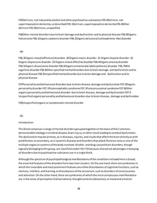 38
F05Delirium,notinducedbyalcohol andotherpsychoactive substancesF05.0Delirium, not
superimposedondementia,sodescribedF05.1Delirium, superimposedondementiaF05.8Other
deliriumF05.9Delirium, unspecified
F06Other mental disordersdue tobraindamage anddysfunction andtophysical disease F06.0Organic
hallucinosisF06.1OrganiccatatonicdisorderF06.2Organicdelusional [schizophrenia-like] disorder
-44-
F06.3Organic mood[affective]disorders.30Organicmanic disorder.31 Organicbipolardisorder.32
Organicdepressive disorder.33 Organicmixedaffective disorderF06.4Organicanxietydisorder
F06.5Organic dissociative disorderF06.6Organicemotionallylabile[asthenic] disorder F06.7Mild
cognitive disorderF06.8Otherspecifiedmentaldisordersdue tobraindamage anddysfunctionandto
physical disease F06.9Unspecifiedmentaldisorderdue tobraindamage and dysfunctionandto
physical disease
F07Personalityandbehavioural disordersdue tobraindisease,damage anddysfunctionF07.0Organic
personalitydisorderF07.1PostencephaliticsyndromeF07.2Postconcussional syndrome F07.8Other
organicpersonalityandbehavioural disorder due tobraindisease,damage anddysfunctionF07.9
Unspecifiedorganicpersonalityandbehavioural disordersdue tobraindisease, damage anddysfunction
F09Unspecifiedorganicorsymptomaticmental disorder
-45-
Introduction
Thisblockcomprises`arange of mental disordersgroupedtogetheronthe basisof theircommon,
demonstrable etiologyincerebral disease,braininjury,orotherinsultleadingtocerebral dysfunction.
The dysfunctionmaybe primary,as indiseases,injuries,andinsultsthataffectthe braindirectlyorwith
predilection;orsecondary,asinsystemicdiseasesanddisordersthatattackthe brainonlyas one of the
multiple organsorsystemsof the bodyinvolved.Alcohol-anddrug-causedbraindisorders,though
logicallybelongingtothisgroup,are classifiedunderF10-F19 because of practical advantagesinkeeping
all disordersdue topsychoactive substance use inasingle block.
Althoughthe spectrumof psychopathological manifestationsof the conditionsincludedhere isbroad,
the essential featuresof the disordersformtwomainclusters.Onthe one hand,there are syndromesin
whichthe invariable andmostprominentfeaturesare eitherdisturbancesof cognitive functions,suchas
memory,intellect,andlearning,ordisturbancesof the sensorium, suchasdisordersof consciousness
and attention.Onthe otherhand,there are syndromesof whichthe mostconspicuousmanifestations
are inthe areas of perception(hallucinations),thoughtcontents(delusions),ormoodand emotion
 