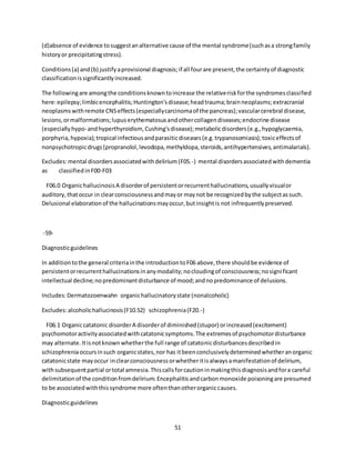 51
(d)absence of evidence tosuggestanalternative cause of the mental syndrome(suchasa strongfamily
historyor precipitatingstress).
Conditions(a) and(b) justifyaprovisional diagnosis;if all fourare present,the certaintyof diagnostic
classificationissignificantlyincreased.
The followingare amongthe conditionsknowntoincrease the relativeriskforthe syndromesclassified
here:epilepsy;limbicencephalitis;Huntington'sdisease;headtrauma;brainneoplasms;extracranial
neoplasmswithremote CNSeffects(especiallycarcinomaof the pancreas);vascularcerebral disease,
lesions,ormalformations;lupuserythematosusandothercollagendiseases;endocrine disease
(especiallyhypo-andhyperthyroidism, Cushing'sdisease);metabolicdisorders(e.g.,hypoglycaemia,
porphyria,hypoxia);tropical infectiousandparasiticdiseases(e.g.trypanosomiasis);toxiceffectsof
nonpsychotropicdrugs(propranolol,levodopa,methyldopa,steroids,antihypertensives,antimalarials).
Excludes:mental disordersassociatedwithdelirium(F05.-) mental disordersassociatedwithdementia
as classifiedinF00-F03
F06.0 OrganichallucinosisA disorderof persistentorrecurrenthallucinations,usuallyvisualor
auditory,thatoccur in clearconsciousnessandmayor maynot be recognizedbythe subjectassuch.
Delusional elaborationof the hallucinationsmayoccur,butinsightis not infrequentlypreserved.
-59-
Diagnosticguidelines
In additiontothe general criteriainthe introductiontoF06 above,there shouldbe evidence of
persistentorrecurrenthallucinationsinanymodality;nocloudingof consciousness;nosignificant
intellectual decline;nopredominantdisturbance of mood;andnopredominance of delusions.
Includes:Dermatozoenwahn organichallucinatorystate (nonalcoholic)
Excludes:alcoholichallucinosis(F10.52) schizophrenia(F20.-)
F06.1 Organiccatatonic disorderA disorderof diminished(stupor) orincreased(excitement)
psychomotoractivityassociatedwithcatatonicsymptoms.The extremesof psychomotordisturbance
may alternate.Itisnotknownwhetherthe full range of catatonicdisturbancesdescribedin
schizophreniaoccursinsuch organicstates,nor has itbeenconclusivelydeterminedwhetheranorganic
catatonicstate mayoccur inclearconsciousnessorwhetheritisalwaysamanifestationof delirium,
withsubsequentpartial ortotal amnesia.Thiscallsforcautioninmakingthisdiagnosisandfora careful
delimitationof the conditionfromdelirium.Encephalitisandcarbonmonoxide poisoningare presumed
to be associatedwiththissyndrome more oftenthanotherorganiccauses.
Diagnosticguidelines
 