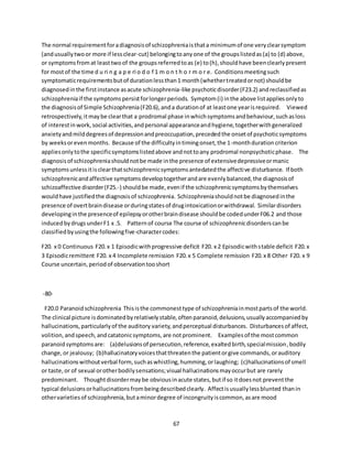 67
The normal requirementforadiagnosisof schizophreniaisthata minimumof one veryclearsymptom
(andusuallytwoor more if lessclear-cut) belongingtoanyone of the groupslistedas(a) to (d) above,
or symptomsfrom at leasttwoof the groupsreferredtoas (e) to(h),shouldhave beenclearlypresent
for mostof the time d u ri n g a p e ri o d o f 1 m o n t h o r m o r e. Conditionsmeetingsuch
symptomaticrequirementsbutof durationlessthan1 month(whethertreatedornot) shouldbe
diagnosedinthe firstinstance asacute schizophrenia-like psychoticdisorder(F23.2) andreclassifiedas
schizophreniaif the symptomspersistforlongerperiods. Symptom(i) inthe above listappliesonlyto
the diagnosisof Simple Schizophrenia(F20.6),anda durationof at leastone yearisrequired. Viewed
retrospectively,itmaybe clearthat a prodromal phase inwhichsymptomsandbehaviour,suchasloss
of interestinwork,social activities,andpersonal appearanceandhygiene,togetherwithgeneralized
anxietyandmilddegreesof depressionandpreoccupation,precededthe onsetof psychoticsymptoms
by weeksorevenmonths. Because of the difficultyintimingonset,the 1-monthdurationcriterion
appliesonlytothe specificsymptomslistedabove andnottoany prodromal nonpsychoticphase. The
diagnosisof schizophreniashouldnotbe made inthe presence of extensivedepressiveormanic
symptomsunlessitisclearthatschizophrenicsymptomsantedatedthe affective disturbance. If both
schizophrenicandaffective symptomsdeveloptogetherandare evenlybalanced,the diagnosisof
schizoaffective disorder(F25.-) shouldbe made,evenif the schizophrenicsymptomsbythemselves
wouldhave justifiedthe diagnosisof schizophrenia. Schizophreniashouldnotbe diagnosedinthe
presence of overtbraindisease orduringstatesof drugintoxicationorwithdrawal. Similardisorders
developinginthe presenceof epilepsyorotherbraindisease shouldbe codedunderF06.2 and those
inducedbydrugsunderF1 x .5. Patternof course The course of schizophrenicdisorderscanbe
classifiedbyusingthe followingfive-charactercodes:
F20. x 0 Continuous F20.x 1 Episodicwithprogressive deficit F20. x 2 Episodicwithstable deficit F20.x
3 Episodicremittent F20. x 4 Incomplete remission F20.x 5 Complete remission F20.x 8 Other F20. x 9
Course uncertain,periodof observationtooshort
-80-
F20.0 Paranoidschizophrenia Thisisthe commonesttype of schizophreniainmostpartsof the world.
The clinical picture isdominatedbyrelativelystable,oftenparanoid,delusions,usuallyaccompaniedby
hallucinations,particularlyof the auditory variety,andperceptual disturbances. Disturbancesof affect,
volition,andspeech,andcatatonicsymptoms,are notprominent. Examplesof the mostcommon
paranoidsymptomsare: (a)delusionsof persecution,reference,exaltedbirth,specialmission,bodily
change,or jealousy; (b)hallucinatoryvoicesthatthreatenthe patientorgive commands,orauditory
hallucinationswithoutverbal form,suchaswhistling,humming,orlaughing; (c)hallucinationsof smell
or taste,or of sexual orotherbodilysensations;visual hallucinationsmayoccurbut are rarely
predominant. Thoughtdisordermaybe obviousinacute states,butif so itdoesnot preventthe
typical delusionsorhallucinationsfrombeingdescribedclearly. Affectisusuallylessblunted thanin
othervarietiesof schizophrenia,butaminordegree of incongruityiscommon,asare mood
 