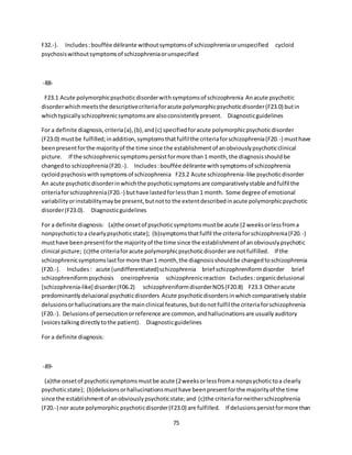 75
F32.-). Includes:bouffée délirante withoutsymptomsof schizophreniaorunspecified cycloid
psychosiswithoutsymptomsof schizophreniaorunspecified
-88-
F23.1 Acute polymorphicpsychoticdisorderwithsymptomsof schizophrenia Anacute psychotic
disorderwhichmeetsthe descriptivecriteriaforacute polymorphicpsychoticdisorder(F23.0) butin
whichtypicallyschizophrenicsymptomsare alsoconsistentlypresent. Diagnosticguidelines
For a definite diagnosis,criteria(a),(b),and(c) specifiedforacute polymorphicpsychoticdisorder
(F23.0) mustbe fulfilled;inaddition,symptomsthatfulfilthe criteriaforschizophrenia(F20.-) musthave
beenpresentforthe majorityof the time since the establishmentof anobviouslypsychoticclinical
picture. If the schizophrenicsymptomspersistformore than1 month,the diagnosisshouldbe
changedto schizophrenia(F20.-). Includes:bouffée délirante withsymptomsof schizophrenia
cycloidpsychosiswithsymptomsof schizophrenia F23.2 Acute schizophrenia-like psychoticdisorder
An acute psychoticdisorderinwhichthe psychoticsymptomsare comparativelystable andfulfil the
criteriaforschizophrenia(F20.-) buthave lastedforlessthan1 month. Some degree of emotional
variabilityorinstabilitymaybe present,butnotto the extentdescribedinacute polymorphicpsychotic
disorder(F23.0). Diagnosticguidelines
For a definite diagnosis: (a)the onsetof psychoticsymptomsmustbe acute (2 weeksorlessfroma
nonpsychotictoa clearlypsychoticstate); (b)symptomsthatfulfil the criteriaforschizophrenia(F20.-)
musthave beenpresentforthe majorityof the time since the establishmentof anobviouslypsychotic
clinical picture; (c)the criteriaforacute polymorphicpsychoticdisorderare notfulfilled. If the
schizophrenicsymptomslastformore than1 month,the diagnosisshouldbe changedtoschizophrenia
(F20.-). Includes: acute (undifferentiated)schizophrenia brief schizophreniformdisorder brief
schizophreniformpsychosis oneirophrenia schizophrenicreaction Excludes:organicdelusional
[schizophrenia-like] disorder(F06.2) schizophreniformdisorderNOS(F20.8) F23.3 Otheracute
predominantlydelusional psychoticdisorders Acute psychoticdisordersinwhichcomparativelystable
delusionsorhallucinationsare the mainclinical features,butdonotfulfil the criteriaforschizophrenia
(F20.-). Delusionsof persecutionorreference are common,andhallucinationsare usuallyauditory
(voicestalkingdirectlytothe patient). Diagnosticguidelines
For a definite diagnosis:
-89-
(a)the onsetof psychoticsymptomsmustbe acute (2weeksorlessfroma nonpsychotictoa clearly
psychoticstate); (b)delusionsorhallucinationsmusthave beenpresentforthe majorityof the time
since the establishmentof anobviouslypsychoticstate;and (c)the criteriaforneitherschizophrenia
(F20.-) nor acute polymorphicpsychoticdisorder(F23.0) are fulfilled. If delusionspersistformore than
 
