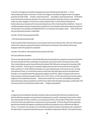 76
3 months,the diagnosisshouldbe changedtopersistentdelusional disorder(F22.-). If only
hallucinationspersistformore than3 months,the diagnosisshouldbe changedtoothernonorganic
psychoticdisorder(F28). Includes:paranoidreaction psychogenicparanoidpsychosis F23.8 Other
acute and transientpsychoticdisorders Anyotheracute psychoticdisordersthatare unclassifiable
underany othercategoryin F23 (suchas acute psychoticstatesinwhichdefinite delusionsor
hallucinationsoccurbutpersistforonlysmall proportionsof the time) shouldbe codedhere. Statesof
undifferentiatedexcitementshouldalsobe codedhere if more detailedinformation aboutthe patient's
mental state isnot available,providedthatthere isnoevidence of anorganiccause. F23.9 Acute and
transientpsychoticdisorder,unspecified
Includes:(brief) reactivepsychosisNOS
F24 Induceddelusionaldisorder
A delusional disordersharedbytwoormore people withclose emotional links. Onlyone of the people
suffersfroma genuine psychoticdisorder;the delusionsare inducedinthe other(s) andusually
disappearwhenthe peopleare separated.
Includes:folie àdeux inducedparanoidorpsychoticdisorder
F25 Schizoaffective disorders
These are episodicdisordersinwhichbothaffectiveandschizophrenicsymptomsare prominentwithin
the same episode of illness,preferablysimultaneously,butatleast withinafew daysof each other.
Theirrelationshiptotypical mood[affective] disorders(F30-F39) andto schizophrenicdisorders(F20-
F24) is uncertain. Theyare givena separate categorybecause theyare toocommonto be ignored.
Otherconditionsin whichaffective symptomsare superimposeduponorformpart of a pre-existing
schizophrenicillness,orinwhichtheycoexistoralternate withothertypesof persistentdelusional
disorders,are classifiedunderthe appropriate categoryinF20-F29. Mood-incongruentdelusionsor
hallucinationsinaffective disorders(F30.2,F31.2, F31.5, F32.3, or F33.3) donot by themselvesjustifya
diagnosisof schizoaffective disorder. Patientswhosufferfromrecurrentschizoaffective episodes,
particularlythose whose symptomsare of the manicrather thanthe depressive type,usuallymake afull
recoveryandonlyrarelydevelopadefectstate. Diagnosticguidelines
-90-
A diagnosisof schizoaffective disordershouldbe made onlywhenbothdefinite schizophrenicand
definiteaffectivesymptomsare prominentsimultaneously,or withinafew daysof each other,within
the same episode of illness,andwhen,asaconsequence of this,the episode of illnessdoesnotmeet
criteriaforeitherschizophreniaor a depressive ormanicepisode. The termshouldnotbe appliedto
patientswhoexhibitschizophrenicsymptomsandaffectivesymptomsonlyindifferentepisodesof
illness. Itiscommon,for example,foraschizophrenicpatienttopresentwithdepressive symptomsin
the aftermathof a psychoticepisode(seepost-schizophrenicdepression(F20.4)). Some patientshave
 