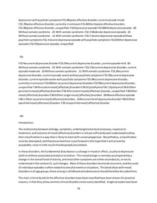79
depressionwithpsychoticsymptomsF31.6Bipolaraffective disorder,currentepisode mixed
F31.7Bipolaraffective disorder,currentlyinremissionF31.8Otherbipolaraffectivedisorders
F31.9Bipolaraffective disorder,unspecified F32Depressive episode F32.0Milddepressiveepisode .00
Withoutsomaticsyndrome .01 With somaticsyndrome F32.1 Moderate depressiveepisode .10
Withoutsomaticsyndrome .11 With somaticsyndrome F32.2 Severe depressive episodewithout
psychoticsymptomsF32.3 Severe depressive episode withpsychoticsymptomsF32.8Otherdepressive
episodesF32.9Depressive episode,unspecified
-93-
F33 Recurrentdepressive disorderF33.0Recurrentdepressive disorder,currentepisodemild .00
Withoutsomaticsyndrome .01 With somaticsyndrome F33.1 Recurrentdepressive disorder,current
episode moderate .10 Withoutsomaticsyndrome .11 Withsomaticsyndrome F33.2Recurrent
depressivedisorder,currentepisode severewithoutpsychoticsymptomsF33.3Recurrentdepressive
disorder,currentepisodesevere withpsychoticsymptomsF33.4Recurrentdepressivedisorder,
currentlyinremissionF33.8Otherrecurrentdepressive disordersF33.9Recurrentdepressivedisorder,
unspecified F34Persistentmood[affective]disordersF34.0CyclothymiaF34.1 DysthymiaF34.8 Other
persistentmood[affective]disordersF34.9Persistentmood[affective] disorder,unspecified F38Other
mood[affective] disordersF38.0Othersingle mood[affective] disorders .00Mixedaffective episode
F38.1 Otherrecurrentmood[affective] disorders .10Recurrentbrief depressivedisorderF38.8 Other
specifiedmood[affective] disorders F39 Unspecifiedmood[affective] disorder
-94-
Introduction
The relationshipbetweenetiology,symptoms,underlyingbiochemical processes,response to
treatment,andoutcome of mood[affective] disordersisnotyetsufficientlywell understoodtoallow
theirclassificationinaway thatis likelytomeetwithuniversalapproval. Nevertheless,aclassification
mustbe attempted,andthatpresentedhere isputforwardinthe hope thatit will atleastbe
acceptable,since itisthe resultof widespreadconsultation.
In these disorders,the fundamental disturbance isachange inmoodor affect,usuallytodepression
(withorwithoutassociatedanxiety) ortoelation. Thismoodchange isnormallyaccompaniedbya
change in the overall level of activity,andmostothersymptomsare eithersecondaryto,oreasily
understoodinthe contextof,suchchanges. Most of these disorderstendtobe recurrent,andthe onset
of individual episodesisoftenrelatedtostressful eventsorsituations. Thisblockdealswithmood
disordersinall age groups;those arisinginchildhoodandadolescence shouldtherefore be codedhere.
The main criteriabywhichthe affective disordershave beenclassifiedhave beenchosenforpractical
reasons,inthat theyallowcommonclinical disorderstobe easilyidentified. Single episodeshave been
 