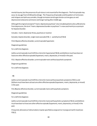 83
mental trauma,but the presence of suchstressisnot essentialforthe diagnosis. The firstepisode may
occur at anyage fromchildhoodtooldage. The frequencyof episodesandthe patternof remissions
and relapsesare bothveryvariable,thoughremissionstendtogetshorterastime goeson and
depressionstobecome commonerandlongerlastingaftermiddle age.
Althoughthe original conceptof "manic-depressivepsychosis"alsoincluded patientswhosufferedonly
fromdepression,the term"manic-depressive disorderorpsychosis"isnow usedmainlyasasynonym
for bipolardisorder.
Includes: manic-depressive illness,psychosisorreaction
Excludes:bipolardisorder,single manicepisode(F30.-) cyclothymia(F34.0)
F31.0 Bipolaraffective disorder,currentepisode hypomanic
Diagnosticguidelines
For a definite diagnosis:
(a)the currentepisode mustfulfilthe criteriaforhypomania(F30.0);and(b)there musthave beenat
leastone otheraffective episode (hypomanic,manic,depressive,ormixed) inthe past.
F31.1 Bipolaraffective disorder,currentepisode manicwithoutpsychoticsymptoms
Diagnosticguidelines
For a definite diagnosis:
-98-
(a)the currentepisode mustfulfilthe criteriaformaniawithoutpsychoticsymptoms(F30.1);and
(b)there musthave beenatleastone otheraffective episode(hypomanic, manic,depressive,ormixed)
inthe past.
F31.2Bipolaraffective disorder,currentepisode manicwithpsychoticsymptoms
Diagnosticguidelines
For a definite diagnosis:
(a)the currentepisode mustfulfilthe criteriaformaniawithpsychoticsymptoms(F30.2);and(b)there
musthave beenat leastone otheraffective episode (hypomanic,manic,depressive,ormixed) inthe
past.
If required,delusionsorhallucinationsmaybe specifiedascongruentorincongruentwithmood(see
F30.2).
 