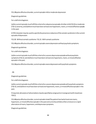 84
F31.3Bipolaraffective disorder,currentepisode mildormoderate depression
Diagnosticguidelines
For a definite diagnosis:
(a)the currentepisode mustfulfilthe criteriaforadepressiveepisode of eithermild(F32.0) ormoderate
(F32.1) severity;and(b)theremusthave beenatleastone hypomanic,manic,ormixedaffective episode
inthe past.
A fifthcharactermay be usedto specifythe presence orabsence of the somaticsyndrome inthe current
episode of depression:
F31.30 Withoutsomaticsyndrome F31.31 Withsomaticsyndrome
F31.4Bipolaraffective disorder,currentepisode severedepressionwithoutpsychoticsymptoms
Diagnosticguidelines
For a definite diagnosis:
(a)the currentepisode mustfulfilthe criteriaforasevere depressiveepisodewithoutpsychotic
symptoms(F32.2);and (b)there musthave beenatleastone hypomanic,manic,ormixedaffective
episode inthe past.
F31.5Bipolaraffective disorder,currentepisode severedepressionwithpsychoticsymptoms
-99-
Diagnosticguidelines
For a definite diagnosis:
(a)the currentepisode mustfulfilthe criteriaforasevere depressiveepisodewithpsychoticsymptoms
(F32.3); and (b)there musthave beenatleastone hypomanic,manic,ormixedaffectiveepisode in the
past.
If required,delusionsorhallucinationsmaybe specifiedascongruentorincongruentwithmood(see
F30.2).
F31.6Bipolaraffective disorder,currentepisode mixedThe patienthashadat leastone manic,
hypomanic,ormixedaffective episode inthe pastandcurrentlyexhibitseitheramixture ora rapid
alternationof manic,hypomanic,anddepressive symptoms.
Diagnosticguidelines
 