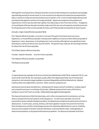 85
Althoughthe mosttypical formof bipolardisorderconsistsof alternatingmanicanddepressiveepisodes
separatedbyperiodsof normal mood,itisnot uncommonfordepressivemoodtobe accompaniedfor
daysor weeksonendbyoveractivityandpressure of speech,orfora manicmoodand grandiositytobe
accompaniedbyagitationandlossof energyandlibido. Depressivesymptomsandsymptomsof
hypomaniaormaniamay alsoalternate rapidly,fromdaytoday or evenfromhourto hour. A diagnosis
of mixedbipolaraffective disordershouldbe made onlyif the twosetsof symptomsare bothprominent
for the greaterpart of the currentepisode of illness,andif thatepisode haslastedforat least2 weeks.
Excludes:single mixedaffectiveepisode(F38.0)
F31.7 Bipolaraffective disorder,currentlyinremissionThe patienthashadat leastone manic,
hypomanic,ormixedaffective episode inthe pastandinadditionat leastone otheraffectiveepisode of
hypomanic,manic,depressive,ormixedtype,butisnotcurrentlysufferingfromanysignificantmood
disturbance,andhasnot done sofor several months. The patientmay,however,be receivingtreatment
to reduce the riskof future episodes.
F31.8 Otherbipolaraffective disorders
Includes: bipolarIIdisorder recurrentmanic episodes
F31.9 Bipolaraffective disorder,unspecified
F32 Depressiveepisode
-100-
In typical depressive episodesof all three varietiesdescribedbelow (mild(F32.0),moderate (F32.1),and
severe (F32.2and F32.3)), the individual usuallysuffersfromdepressedmood,lossof interestand
enjoyment,andreducedenergyleadingtoincreasedfatiguabilityanddiminishedactivity. Marked
tirednessafteronlyslighteffortiscommon. Other commonsymptomsare:
(a)reducedconcentrationandattention; (b)reducedself-esteemandself-confidence; (c)ideasof guilt
and unworthiness(eveninamildtype of episode); (d)bleakandpessimisticviewsof the future;
(e)ideasoractsof self-harmorsuicide; (f)disturbedsleep(g)diminishedappetite.
The loweredmoodvarieslittle fromdaytoday,and is oftenunresponsivetocircumstances,yetmay
showa characteristicdiurnal variationasthe daygoeson. As withmanicepisodes,the clinical
presentationshowsmarkedindividual variations,andatypical presentationsare particularlycommonin
adolescence. Insome cases,anxiety,distress,andmotoragitationmaybe more prominentattimes
than the depression,andthe moodchange mayalso be maskedbyaddedfeaturessuchas irritability,
excessiveconsumptionof alcohol,histrionicbehaviour,andexacerbationof pre-existingphobicor
obsessionalsymptoms,orbyhypochondriacal preoccupations. Fordepressiveepisodesof all three
 